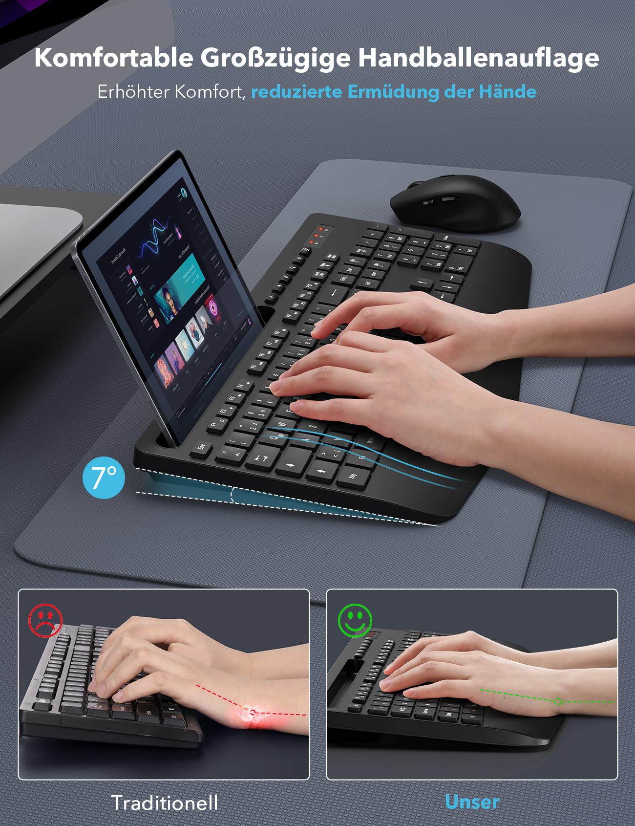 Tastatur Maus Set Kabellos, Ergonomische Tastatur in Voller Größe mit Handgelenkauflage, Telefonhalter, Schlafmodus, Leise 2,4 GHz kabellose Tastatur und Maus für Mac, Windows, Computer, Laptop, PC - Image 4