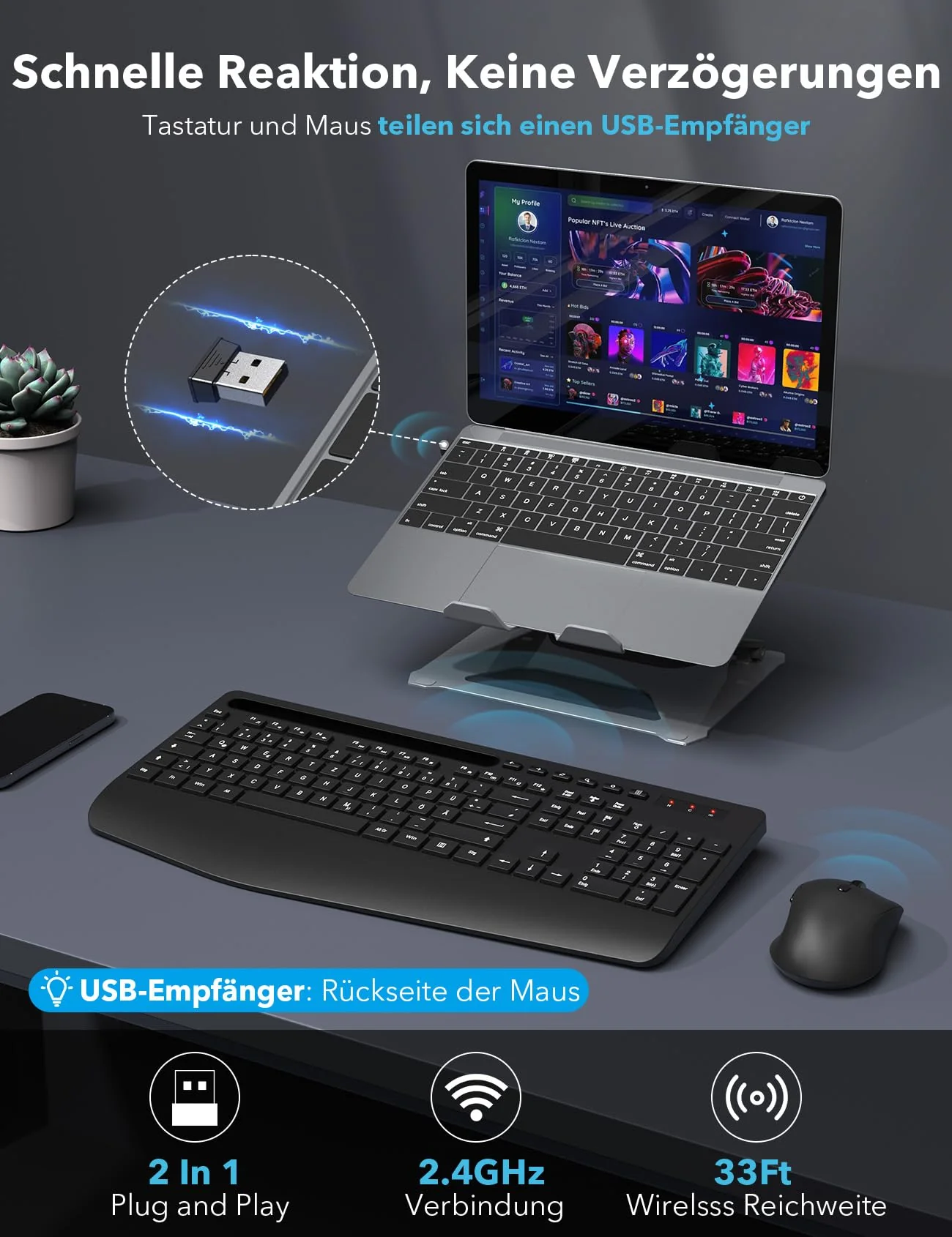 Tastatur Maus Set Kabellos, Ergonomische Tastatur in Voller Größe mit Handgelenkauflage, Telefonhalter, Schlafmodus, Leise 2,4 GHz kabellose Tastatur und Maus für Mac, Windows, Computer, Laptop, PC - Image 5