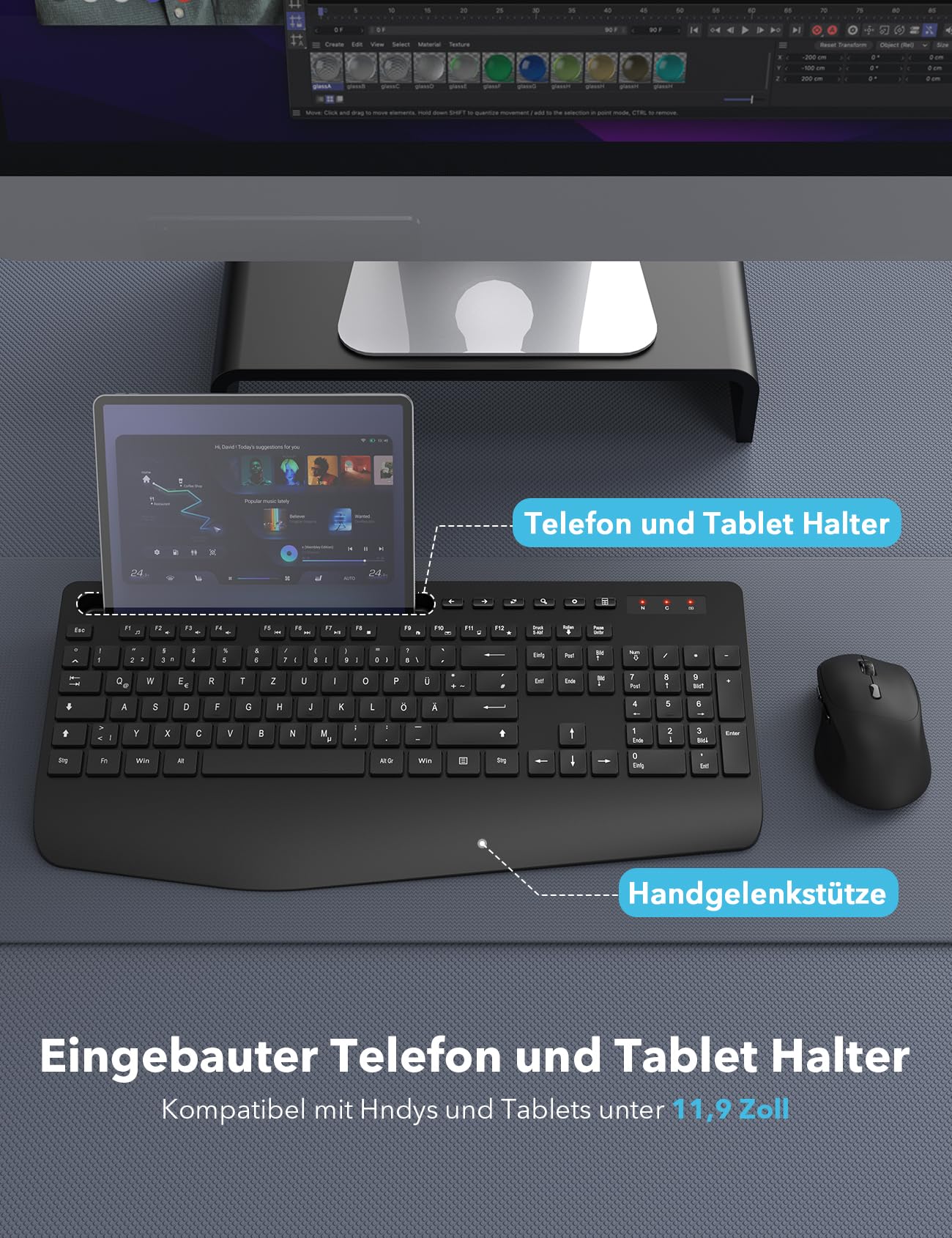 Tastatur Maus Set Kabellos, Ergonomische Tastatur in Voller Größe mit Handgelenkauflage, Telefonhalter, Schlafmodus, Leise 2,4 GHz kabellose Tastatur und Maus für Mac, Windows, Computer, Laptop, PC - Image 7