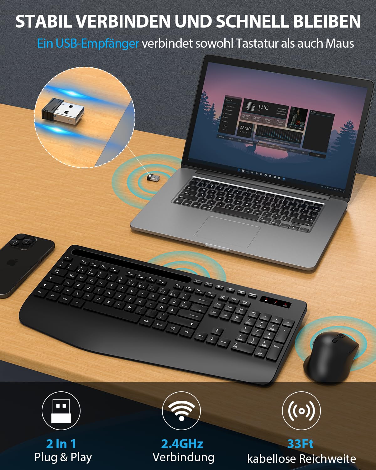 Tastatur Maus Set kabellos, Handballenauflage, Telefonhalter, Akku im Lieferumfang enthalten, 2.4G keine Latenz Ergonomische Tastatur kabellos Set, Leise Maus und Tastatur für Laptop, PC, Mac, Windows - Image 2