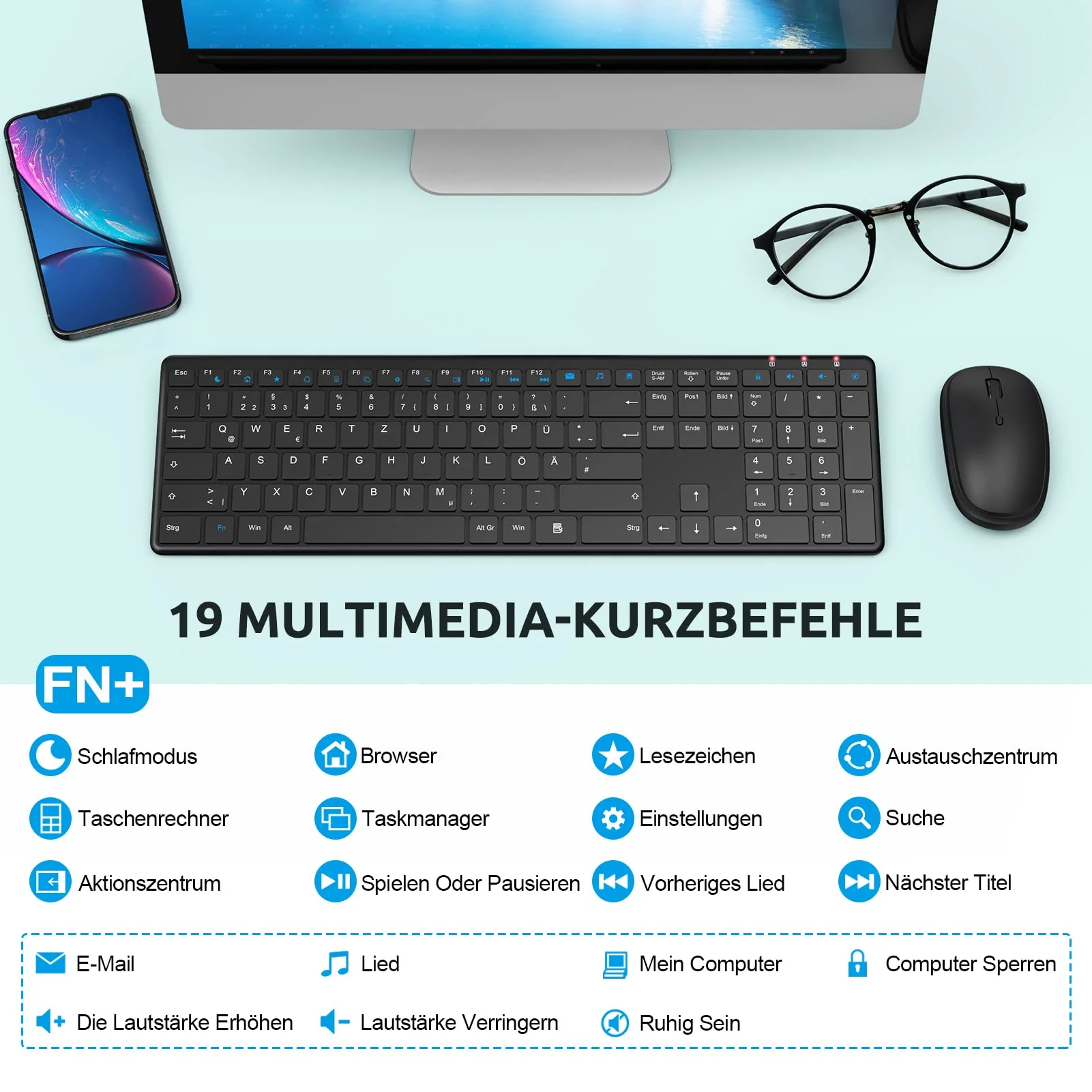Tastatur Maus Set Kabellos, QCen 2,4GHz UltraDünn Kabellose Tastatur und Maus, Ergonomisch Funktastatur in Standardgröße mit 19 Sondertasten und einen Nummernblock, für PC, Laptop, Deutsches Layout