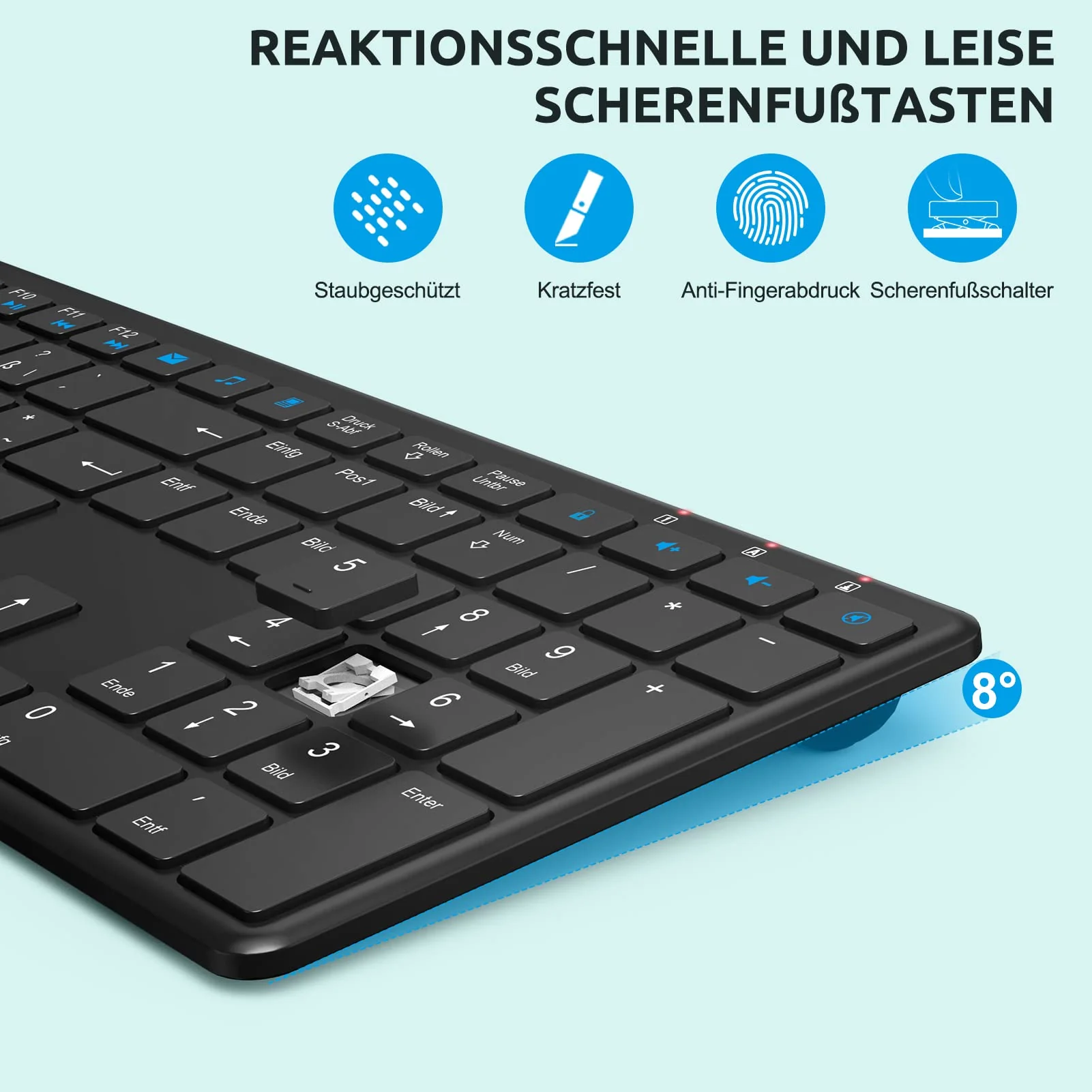 Tastatur Maus Set Kabellos, QCen 2,4GHz UltraDünn Kabellose Tastatur und Maus, Ergonomisch Funktastatur in Standardgröße mit 19 Sondertasten und einen Nummernblock, für PC, Laptop, Deutsches Layout - Image 2
