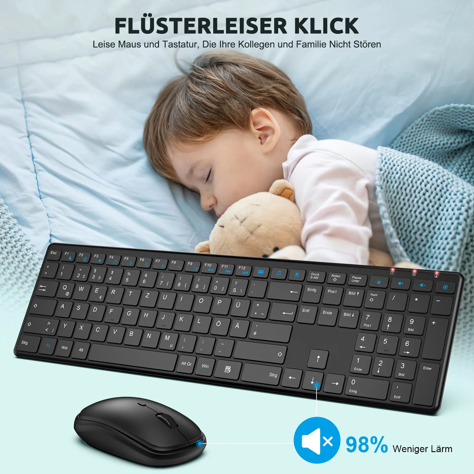 Tastatur Maus Set Kabellos, QCen 2,4GHz UltraDünn Kabellose Tastatur und Maus, Ergonomisch Funktastatur in Standardgröße mit 19 Sondertasten und einen Nummernblock, für PC, Laptop, Deutsches Layout - Image 4
