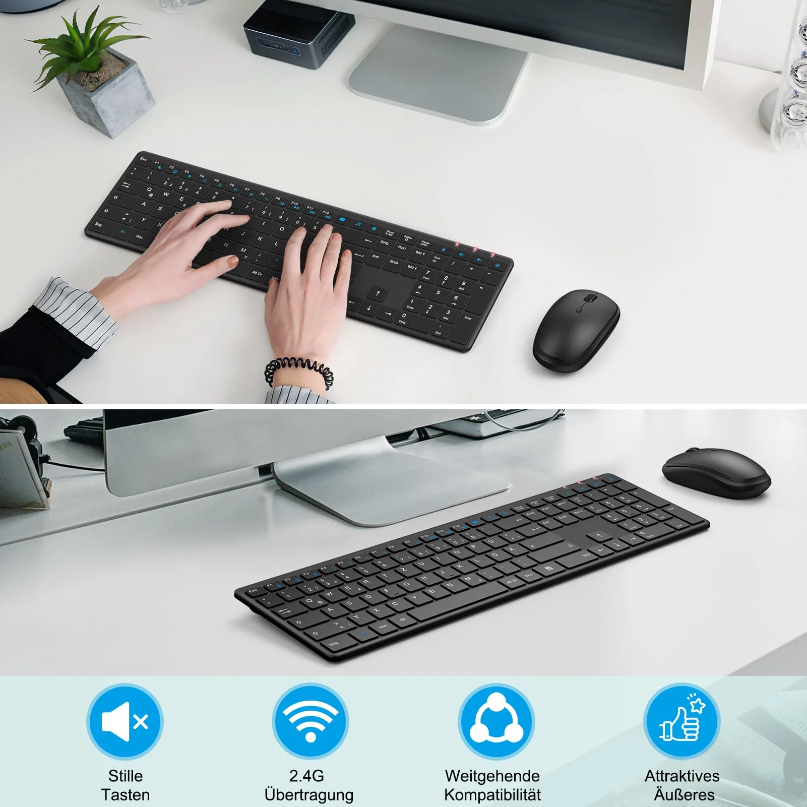 Tastatur Maus Set Kabellos, QCen 2,4GHz UltraDünn Kabellose Tastatur und Maus, Ergonomisch Funktastatur in Standardgröße mit 19 Sondertasten und einen Nummernblock, für PC, Laptop, Deutsches Layout - Image 6