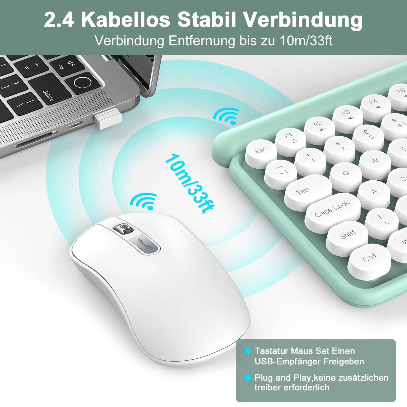 Tastatur Maus Set Kabellos,RaceGT Retro Schreibmaschine Tastatur Funktastatur mit Maus USB Grün Tastatur Bunt Maus und Tastatur Wireless Keyboard and Mouse QWERTZ Deutsch Layout