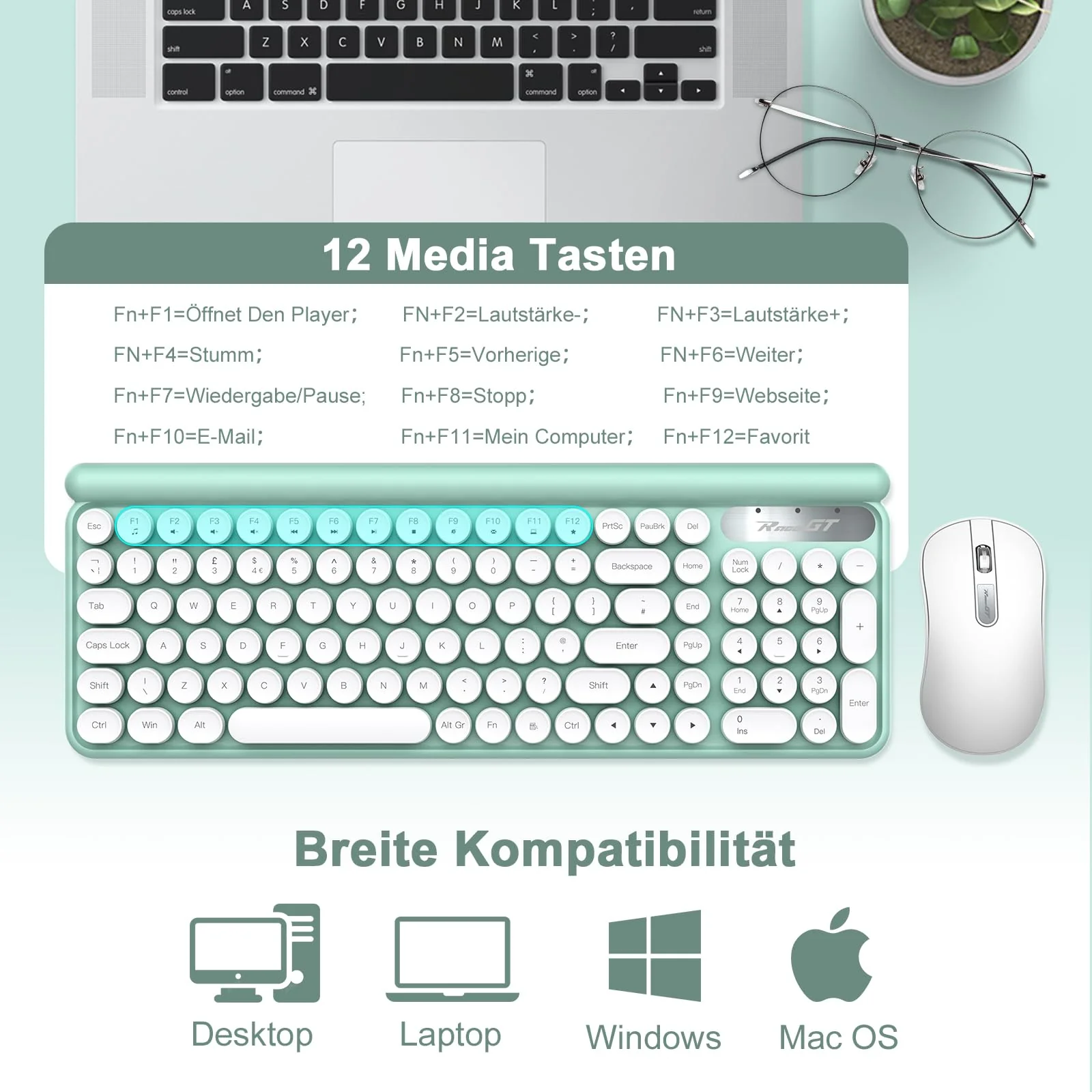 Tastatur Maus Set Kabellos,RaceGT Retro Schreibmaschine Tastatur Funktastatur mit Maus USB Grün Tastatur Bunt Maus und Tastatur Wireless Keyboard and Mouse QWERTZ Deutsch Layout - Image 3