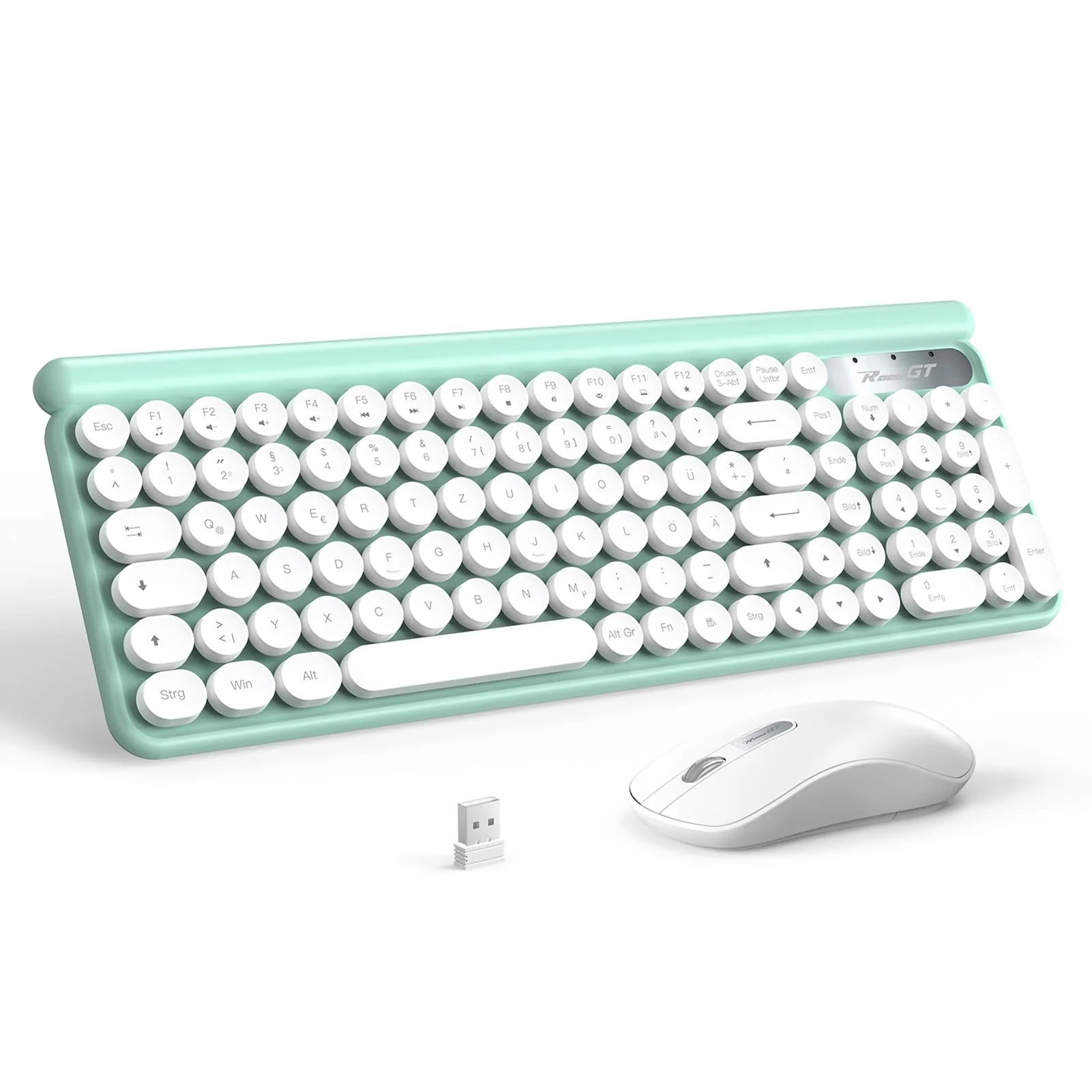 Tastatur Maus Set Kabellos,RaceGT Retro Schreibmaschine Tastatur Funktastatur mit Maus USB Grün Tastatur Bunt Maus und Tastatur Wireless Keyboard and Mouse QWERTZ Deutsch Layout - Image 5