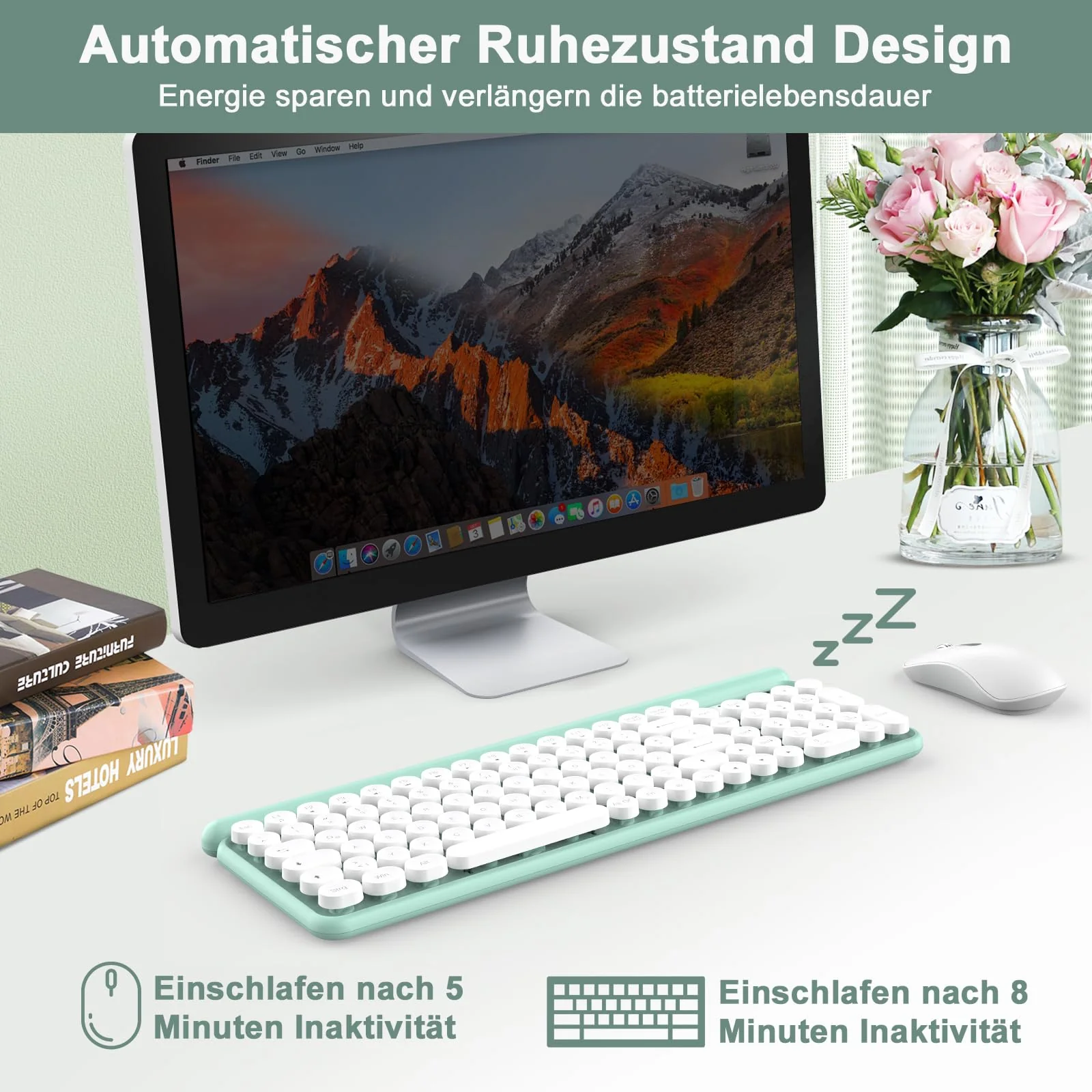 Tastatur Maus Set Kabellos,RaceGT Retro Schreibmaschine Tastatur Funktastatur mit Maus USB Grün Tastatur Bunt Maus und Tastatur Wireless Keyboard and Mouse QWERTZ Deutsch Layout - Image 7