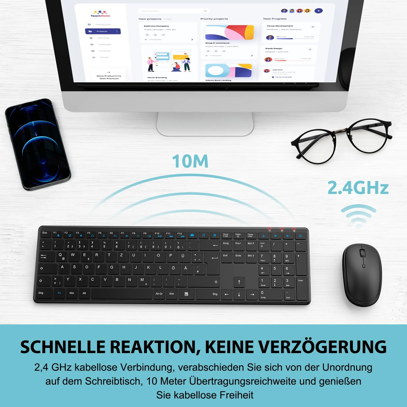 Tastatur Maus Set Kabellos, SABLUTE 2,4GHz UltraDünn Leise Kabellose Tastatur und Maus, Ergonomisch Funktastatur in Voller Größe mit 19 Sondertasten und einen Nummernblock, für PC, Laptop, Windows - Image 3