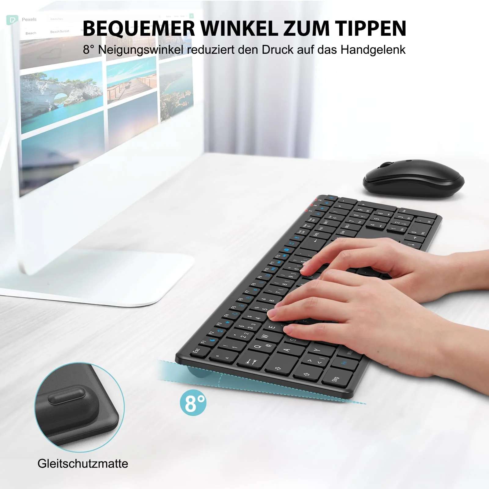 Tastatur Maus Set Kabellos, SABLUTE 2,4GHz UltraDünn Leise Kabellose Tastatur und Maus, Ergonomisch Funktastatur in Voller Größe mit 19 Sondertasten und einen Nummernblock, für PC, Laptop, Windows - Image 4