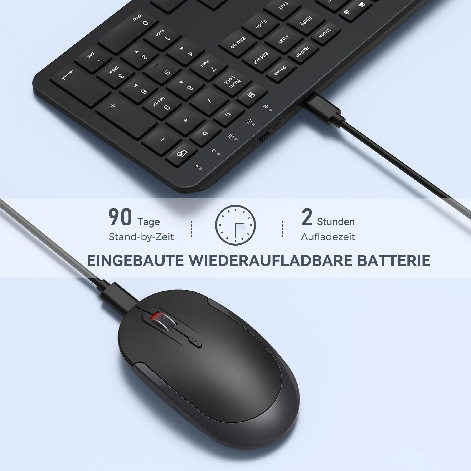 Tastatur Maus Set Kabellos, seenda Ultra-Dünne Wiederaufladbare Funk Tastatur Maus Set, Ergonomische Tastatur Kabellos mit Silikon Staubschutz für PC/Laptop/Smart TV, DE QWERTZ Layout, Schwarz - Image 2
