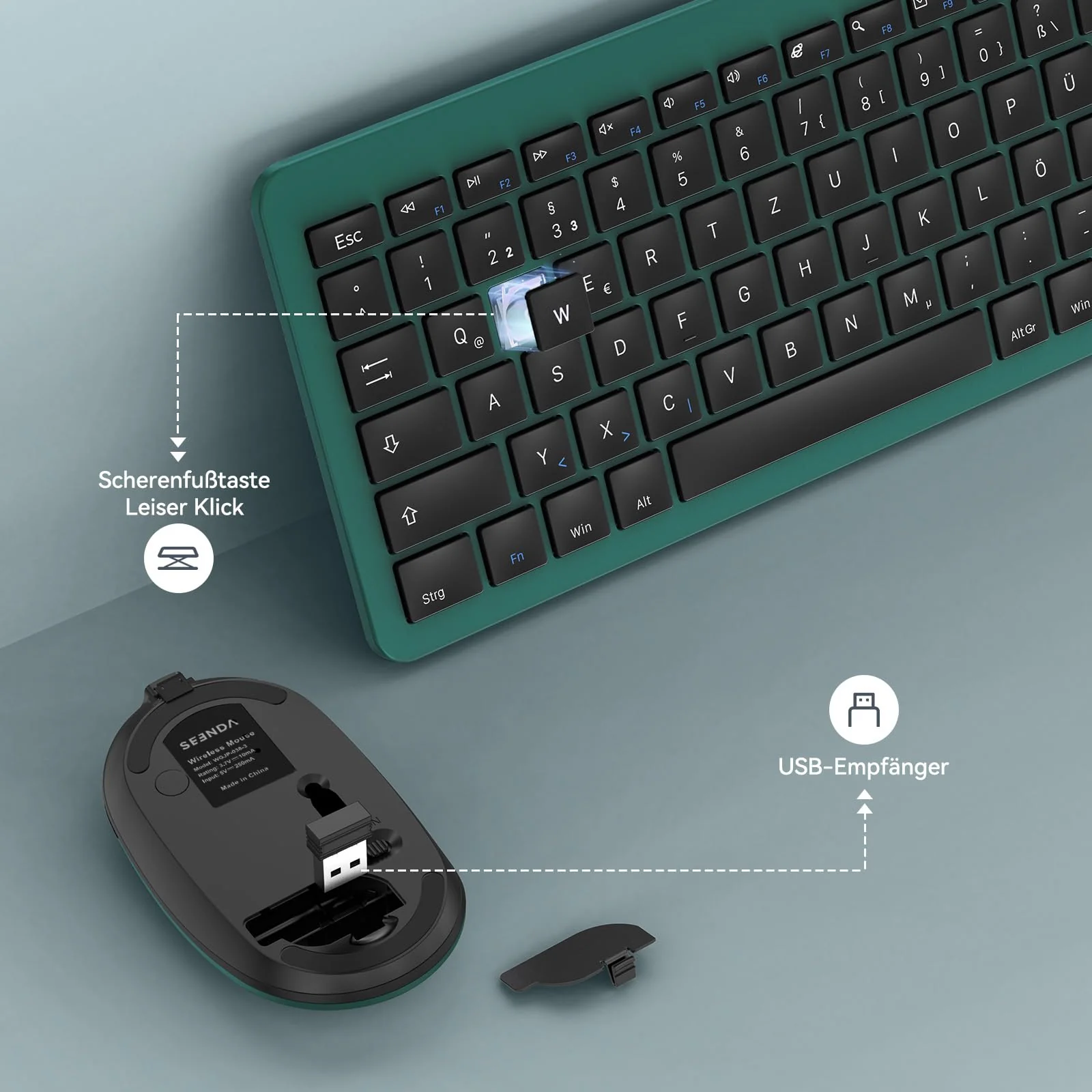 Tastatur Maus Set Kabellos, seenda Ultra-Dünne Wiederaufladbare Funk Tastatur Maus Set, Ergonomische Tastatur Kabellos mit Silikon Staubschutz für PC/Laptop/Smart TV, DE QWERTZ Layout, Schwarz&Grün - Image 7