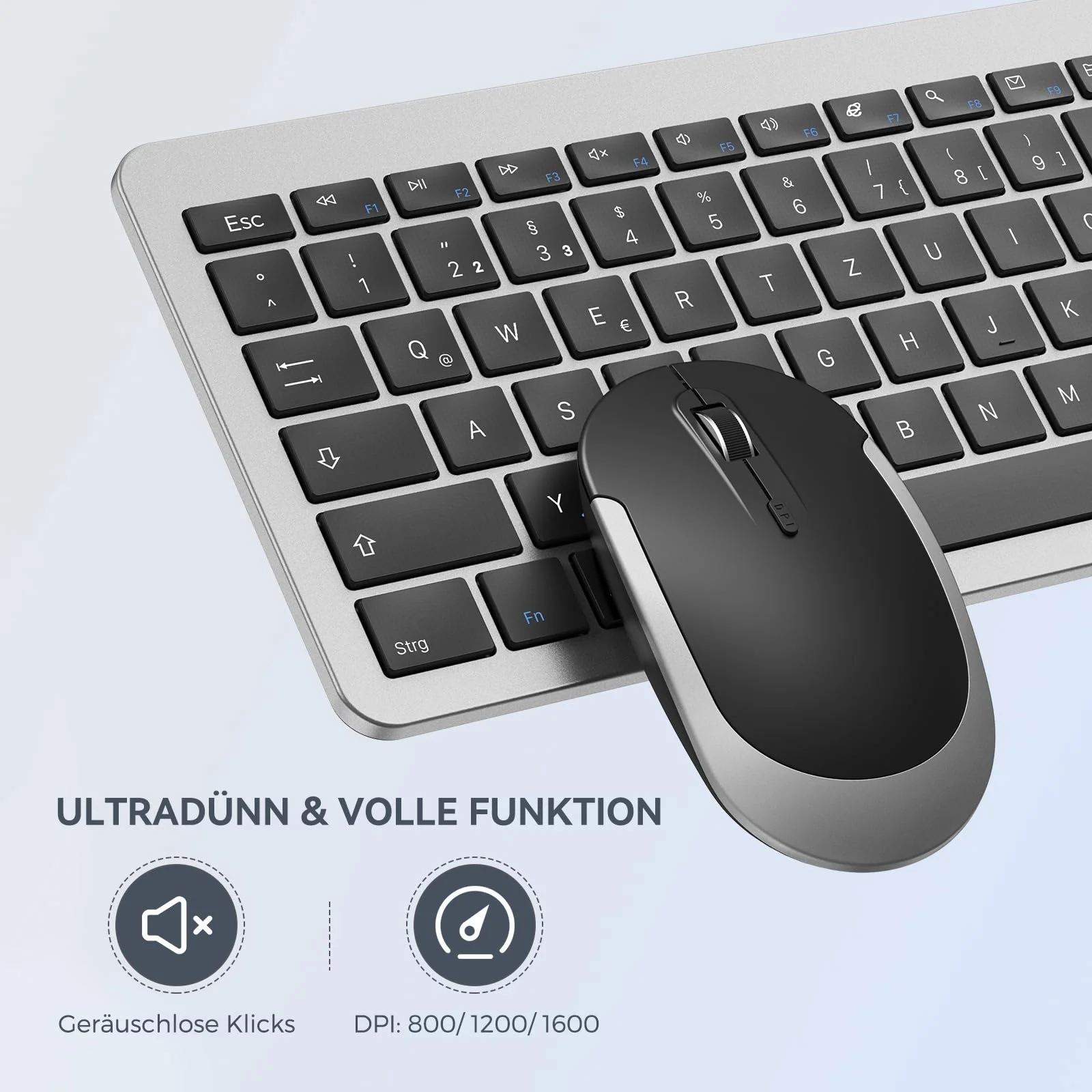 Tastatur Maus Set Kabellos, seenda Ultra-Dünne Wiederaufladbare Funk Tastatur Maus Set, Ergonomische Tastatur Kabellos mit Silikon Staubschutz für PC/Laptop/Smart TV, DE QWERTZ Layout, Schwarz&Silber - Image 11
