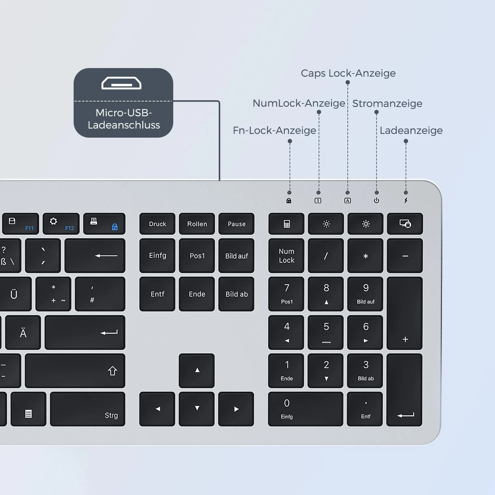 Tastatur Maus Set Kabellos, seenda Ultra-Dünne Wiederaufladbare Funk Tastatur Maus Set, Ergonomische Tastatur Kabellos mit Silikon Staubschutz für PC/Laptop/Smart TV, DE QWERTZ Layout, Schwarz&Silber - Image 2