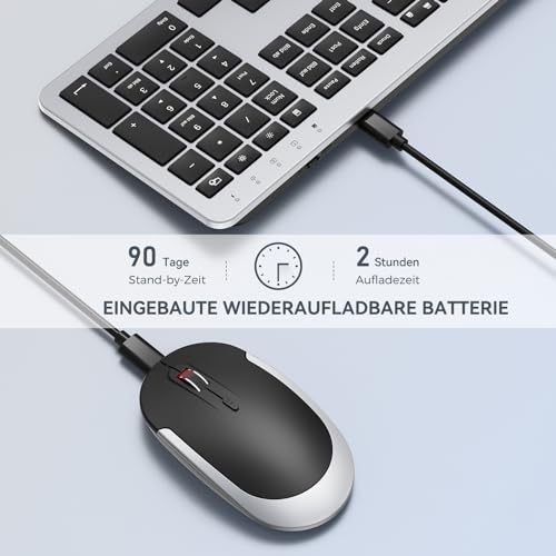 Tastatur Maus Set Kabellos, seenda Ultra-Dünne Wiederaufladbare Funk Tastatur Maus Set, Ergonomische Tastatur Kabellos mit Silikon Staubschutz für PC/Laptop/Smart TV, DE QWERTZ Layout, Schwarz&Silber - Image 4