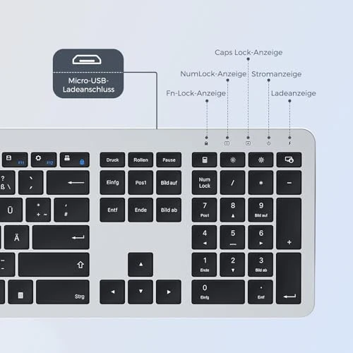 Tastatur Maus Set Kabellos, seenda Ultra-Dünne Wiederaufladbare Funk Tastatur Maus Set, Ergonomische Tastatur Kabellos mit Silikon Staubschutz für PC/Laptop/Smart TV, DE QWERTZ Layout, Schwarz&Silber - Image 7