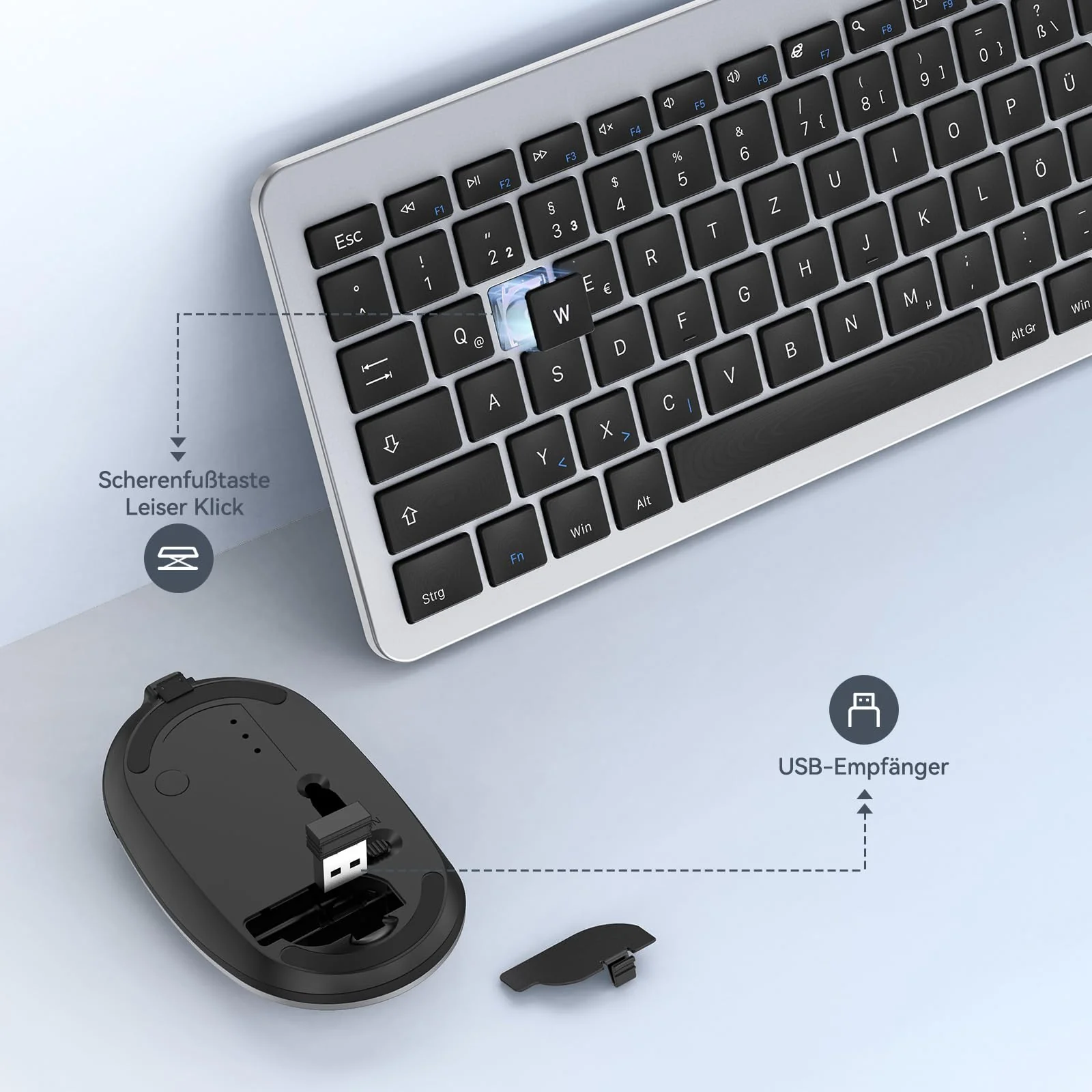 Tastatur Maus Set Kabellos, seenda Ultra-Dünne Wiederaufladbare Funk Tastatur Maus Set, Ergonomische Tastatur Kabellos mit Silikon Staubschutz für PC/Laptop/Smart TV, DE QWERTZ Layout, Schwarz&Silber - Image 9