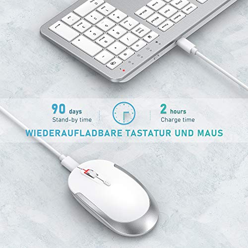 Tastatur Maus Set Kabellos, seenda Ultra-Dünne Wiederaufladbare Funktastatur, Ergonomische Keyboard Mouse mit Silikon Staubschutz für PC/Laptop/Smart TV, QWERTZ Layout Weiß und Silber - Image 4