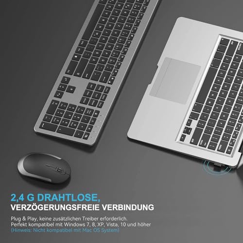 Tastatur Maus Set Kabellos, seenda Ultra-Dünne Wiederaufladbare Funktastatur mit Maus, Ergonomische Keyboard Mouse mit Silikon Staubschutz für PC/Laptop/Smart TV, DE QWERTZ Layout (Schwarz&Grau) - Image 2