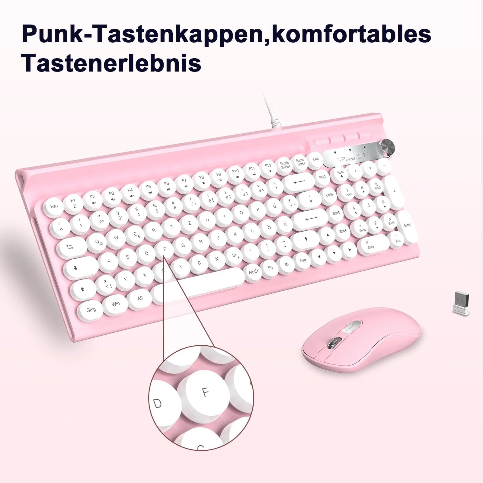 Tastatur Maus Set,RaceGT Tastatur Rosa Retro Schreibmaschine Tastatur Bunt Maus und Tastatur mit Handyhalterung Tastaturen Tastatur Kabel Keyboard für PC Mac Computer Laptop QWERTZ Deutsch - Image 2
