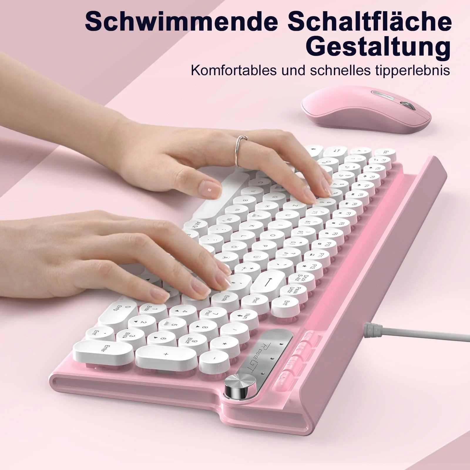 Tastatur Maus Set,RaceGT Tastatur Rosa Retro Schreibmaschine Tastatur Bunt Maus und Tastatur mit Handyhalterung Tastaturen Tastatur Kabel Keyboard für PC Mac Computer Laptop QWERTZ Deutsch - Image 3