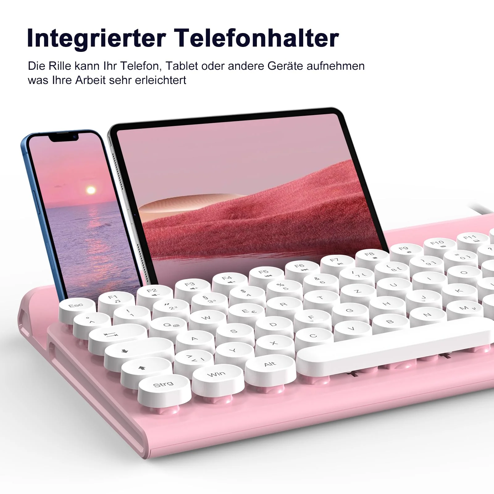 Tastatur Maus Set,RaceGT Tastatur Rosa Retro Schreibmaschine Tastatur Bunt Maus und Tastatur mit Handyhalterung Tastaturen Tastatur Kabel Keyboard für PC Mac Computer Laptop QWERTZ Deutsch - Image 4