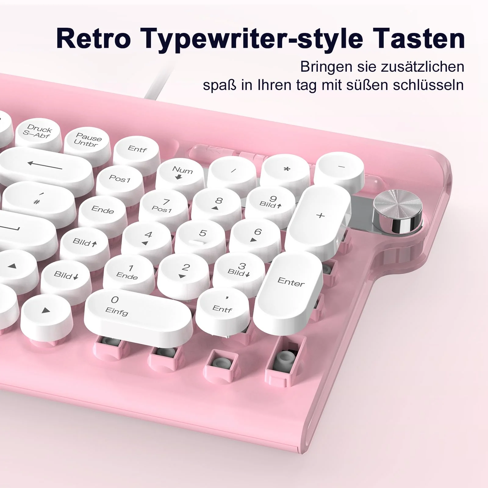 Tastatur Maus Set,RaceGT Tastatur Rosa Retro Schreibmaschine Tastatur Bunt Maus und Tastatur mit Handyhalterung Tastaturen Tastatur Kabel Keyboard für PC Mac Computer Laptop QWERTZ Deutsch - Image 5