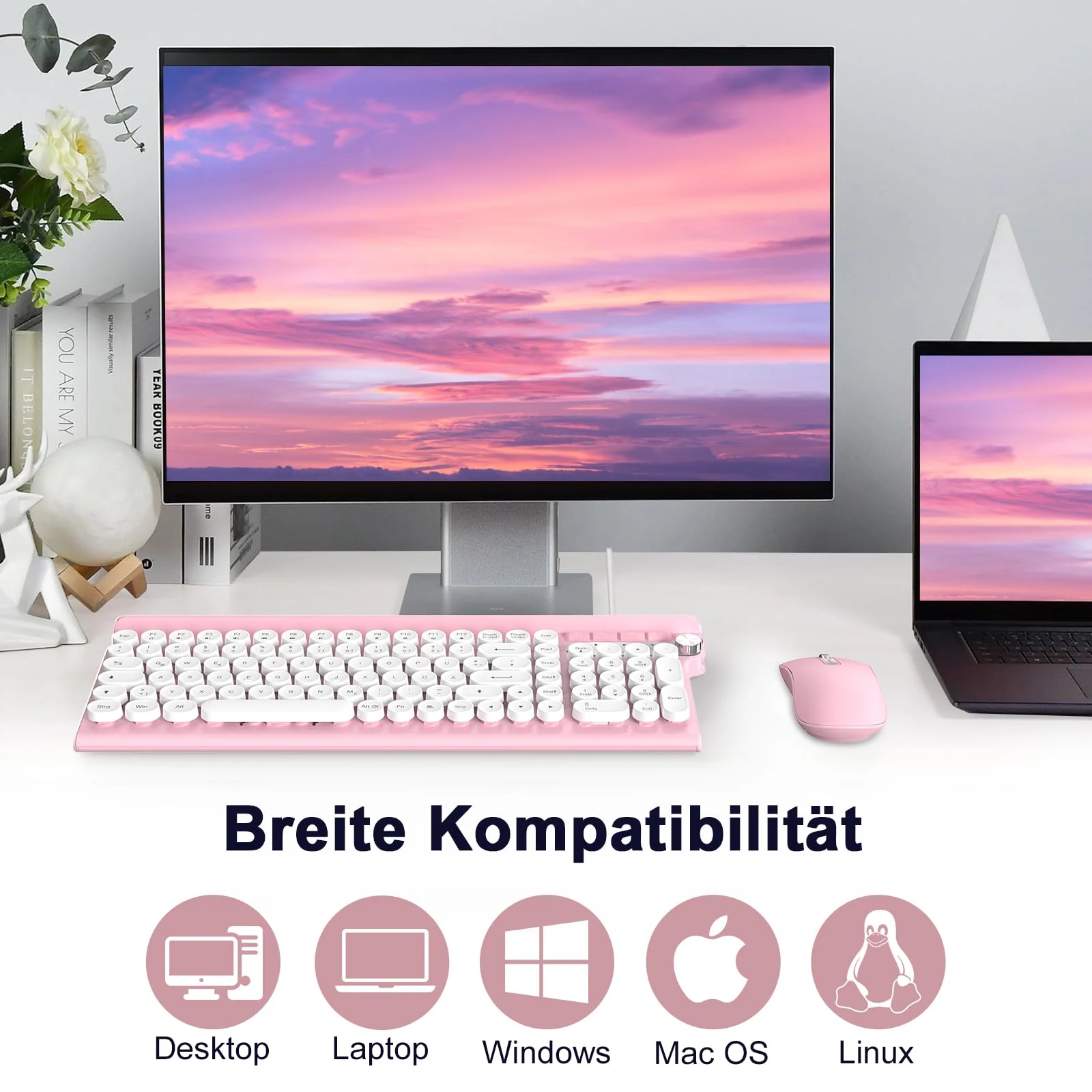 Tastatur Maus Set,RaceGT Tastatur Rosa Retro Schreibmaschine Tastatur Bunt Maus und Tastatur mit Handyhalterung Tastaturen Tastatur Kabel Keyboard für PC Mac Computer Laptop QWERTZ Deutsch - Image 6