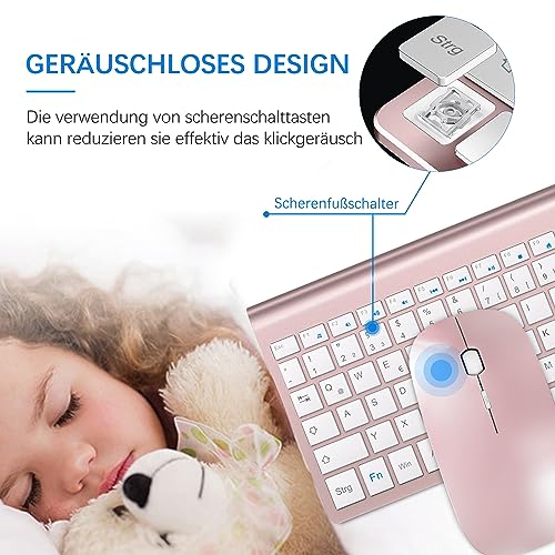 Tastatur Maus Set Ultra Slim, TopMate 2,4G Stille Compact USB 2400DPI Maus und Schissschalter Tastatur mit Abdeckung, mit 2 AA & 2 AAA Batterien für PC/Laptop/Windows/Mac-Rose Gold Weiß - Image 10