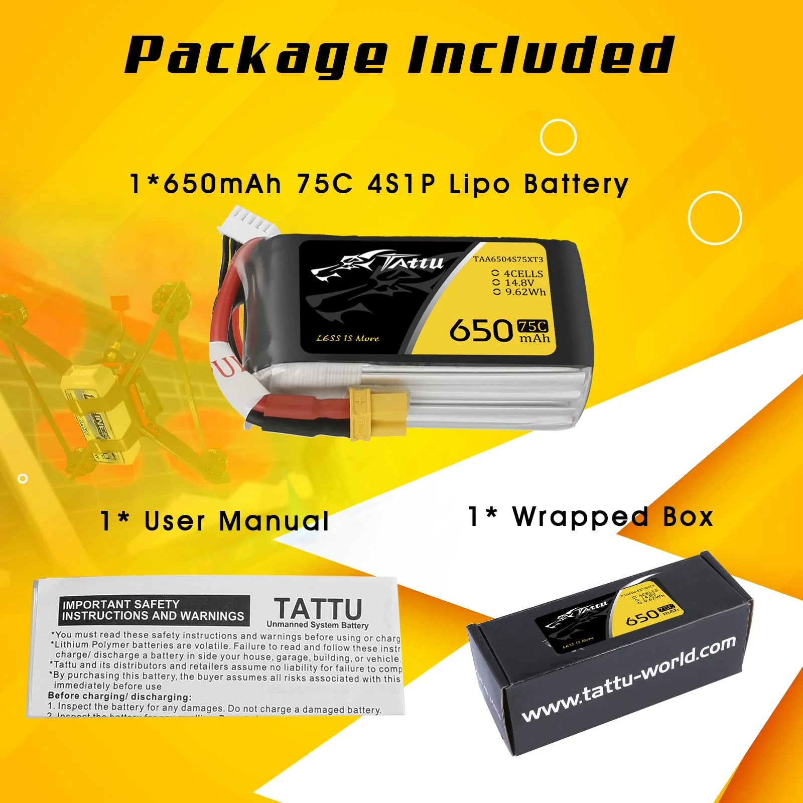 TATTU 4S lipo 650mAh 4S1P 75C 14.8V Lipo Pack Akku mit XT30 Stecker für UAV Drohne RC Quadrocopter Multirotor FPV 150 Größe - Image 6