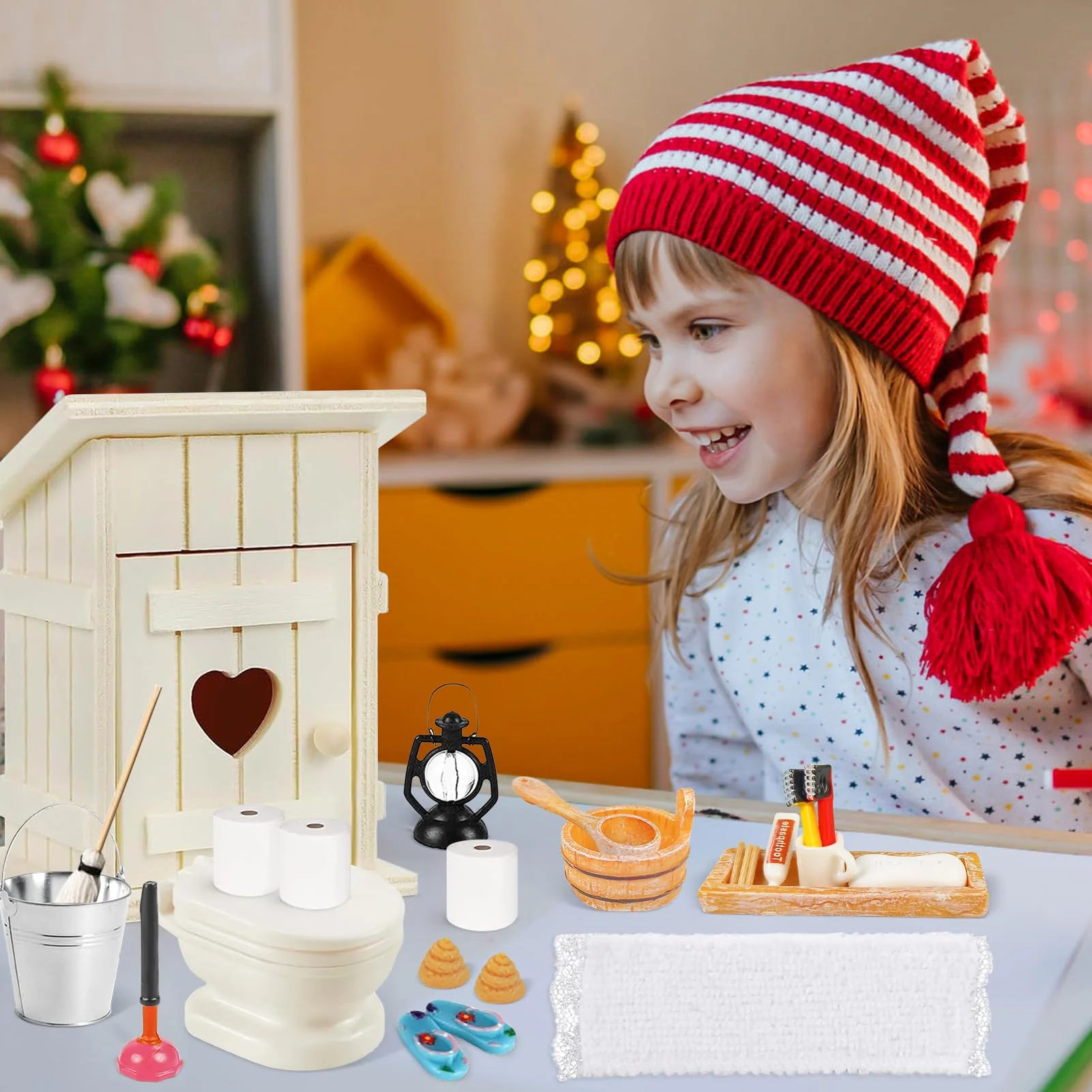 Tccydm Wichtel Toilettenhäuschen aus Holz, 28 Stück Miniatur Wichtel Zubehör, Miniatur Toilettenhäuschen, Toilette, Miniatur Puppenhaus Zubehör, Wichtelhaus Holz Wichtel Zubehör Weihnachten - Image 5