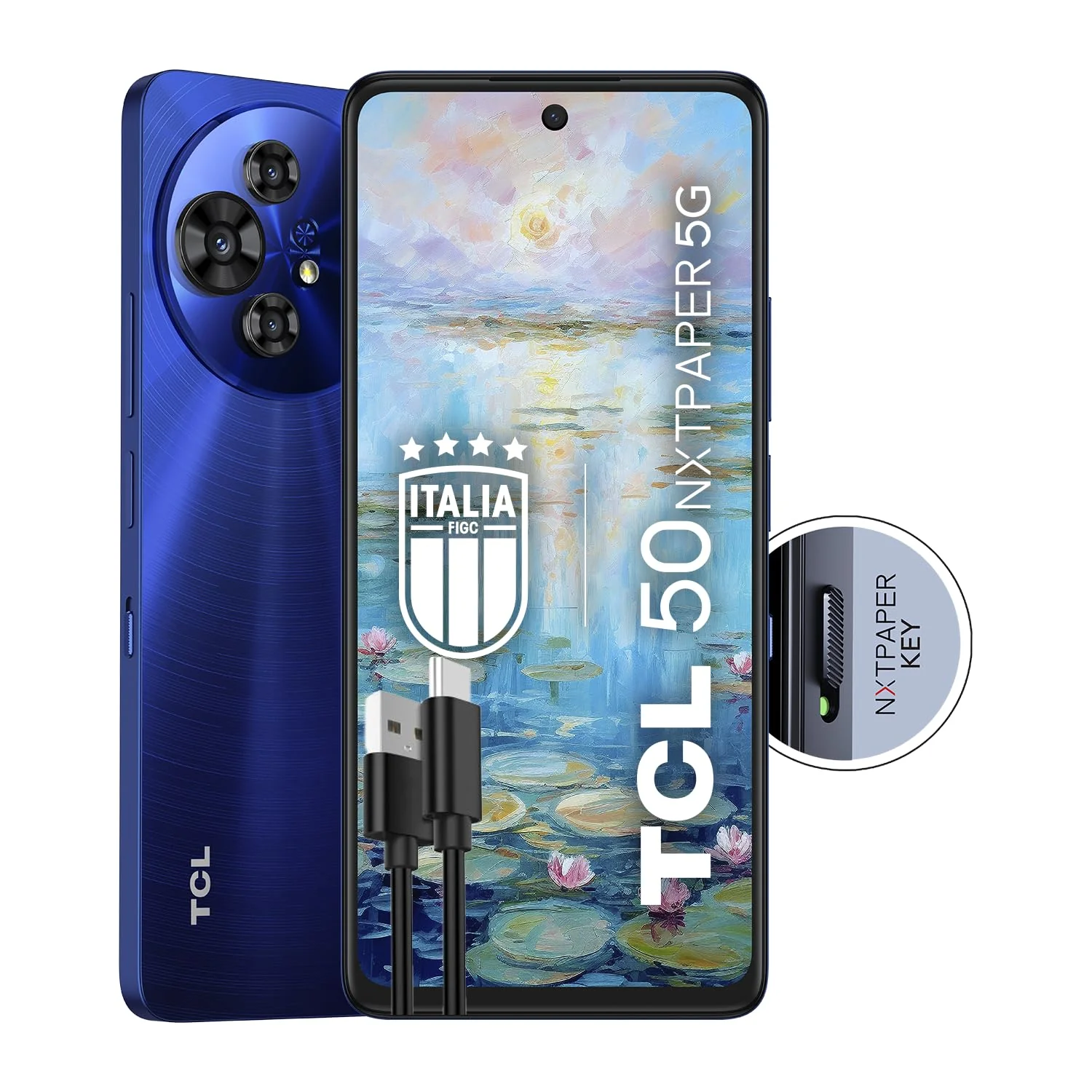 TCL 50 NXTPAPER 5G – 5G Smartphone Display 6,8 120Hz Nxtpaper 3;0, 256GB, 16GB RAM (8GBplus8GB virtueller RAM), Dreifachkamera 108Mpx, Android 14, Batt; 5010 mAh, Blau, zusätzliches USB-Typ-C-Kabel