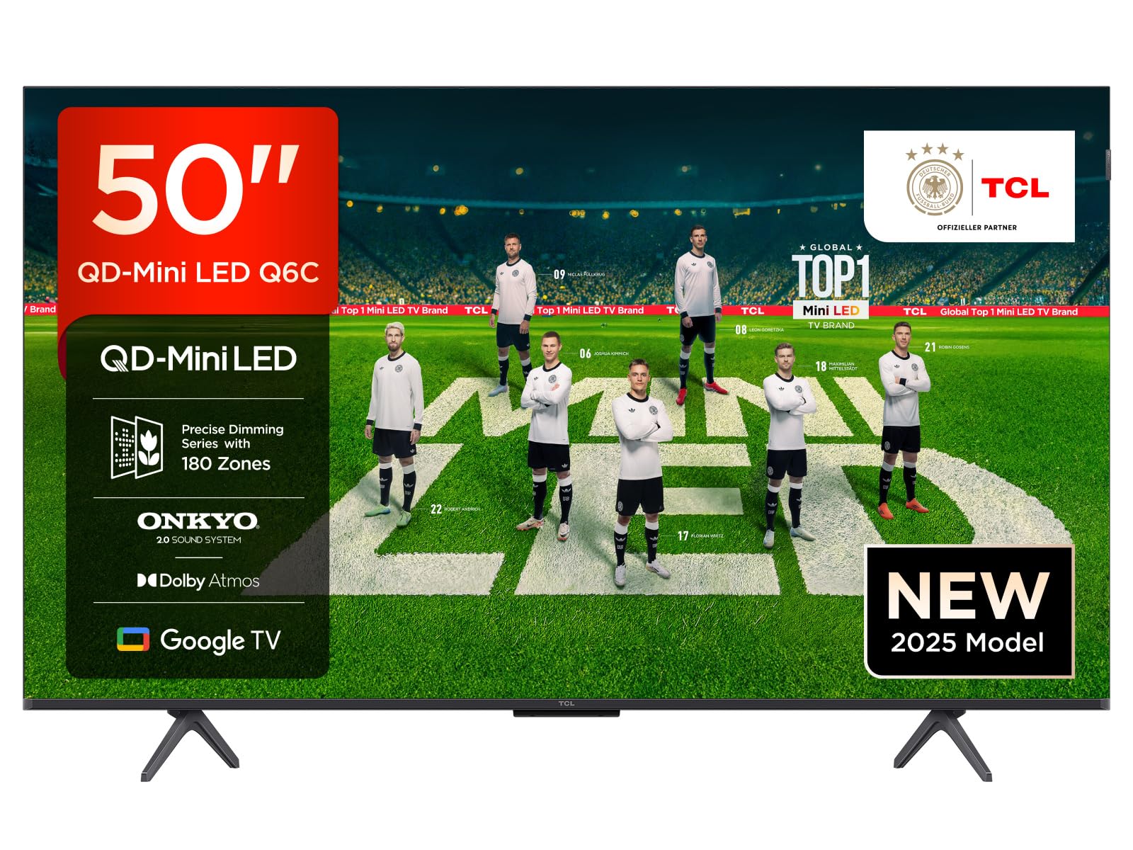 TCL 50 Zoll 50Q6C QLED Mini LED Fernseher, 4K HDR Premium, Dolby Vision IQ & Atmos, Onkyo 2.1, Smart Google TV, Game Master, 144Hz Motion Clarity Pro, AMD FreeSync Premium Pro, HDMI 2.1, AirPlay 2