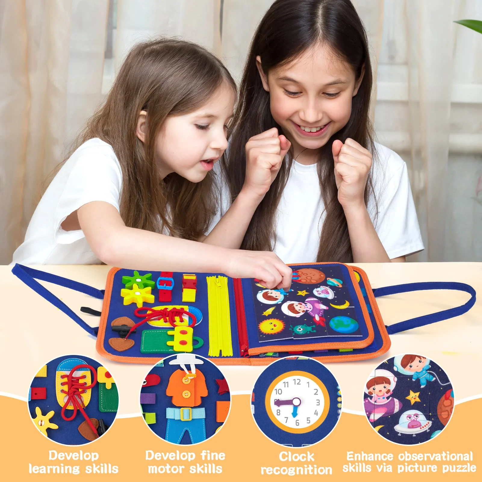 TECHMUR Busy Board Montessori-Spielzeug für Kleinkinder, Sensorische Aktivitätstafel zur Förderung der Feinmotorik | 2-in-1 Tragefunktion (Griff + Gurt) | Lernreisespielzeug für Flugzeug & Auto (Blau) - Image 4