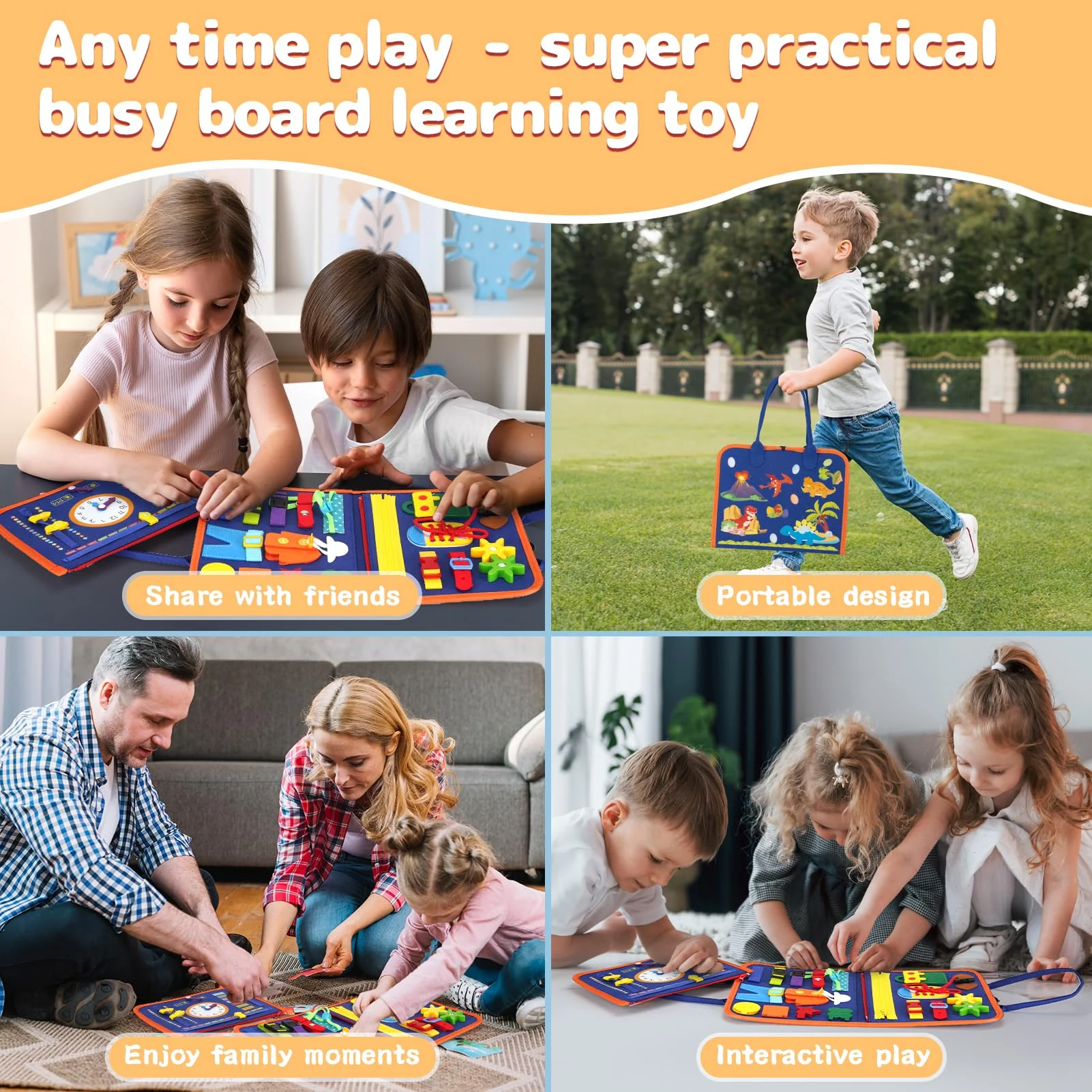 TECHMUR Busy Board Montessori-Spielzeug für Kleinkinder, Sensorische Aktivitätstafel zur Förderung der Feinmotorik | 2-in-1 Tragefunktion (Griff + Gurt) | Lernreisespielzeug für Flugzeug & Auto (Blau) - Image 5