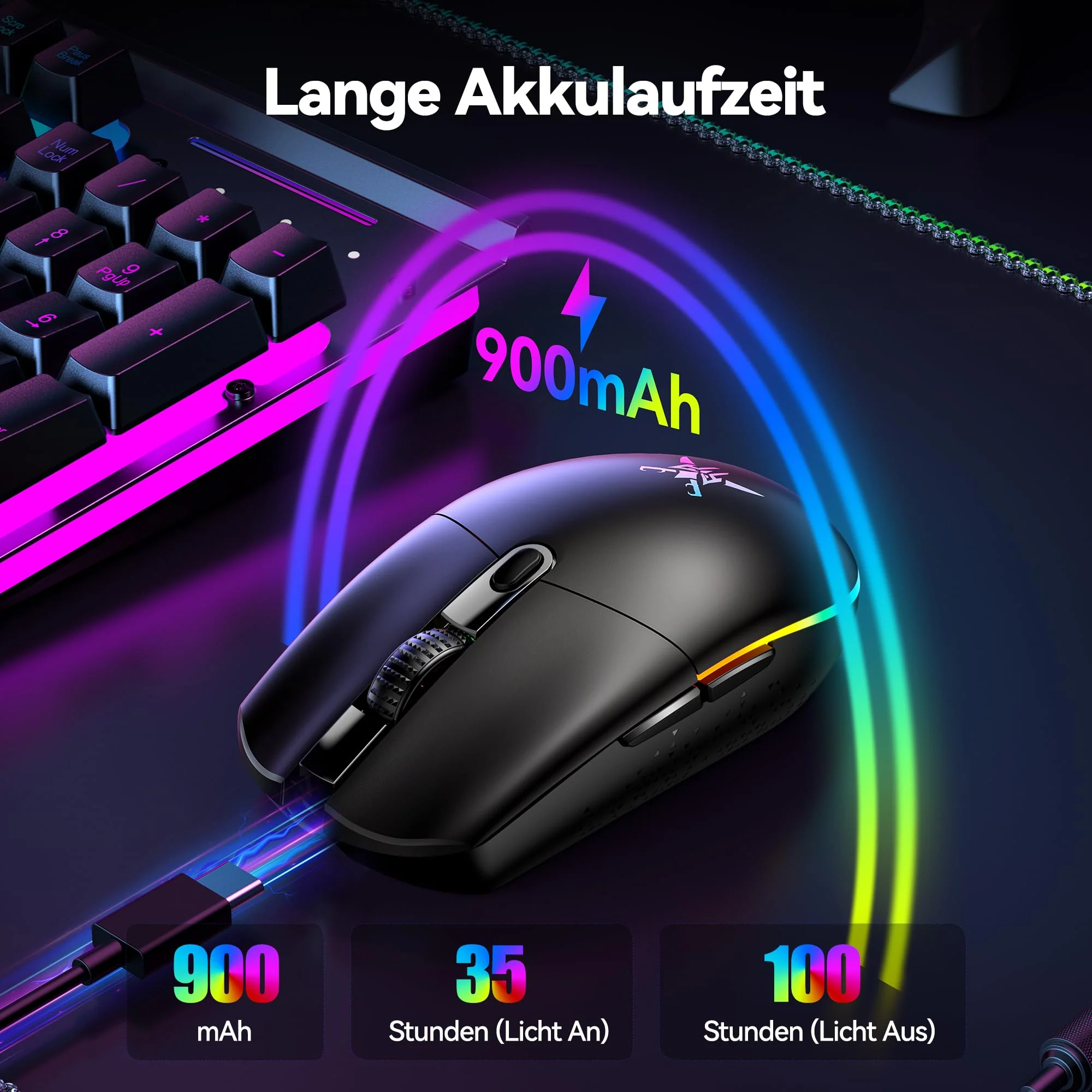 TECKNET Kabellose Gaming-Maus, 8000 DPI Wiederaufladbare Gaming Maus, Dual-Modus 2,4 G und Kabelgebundene Maus, 6 RGB-Modi, PC Gaming Mouse mit Programmierbaren Tasten, für Windows XP/11/10/8/7, etc - Image 2