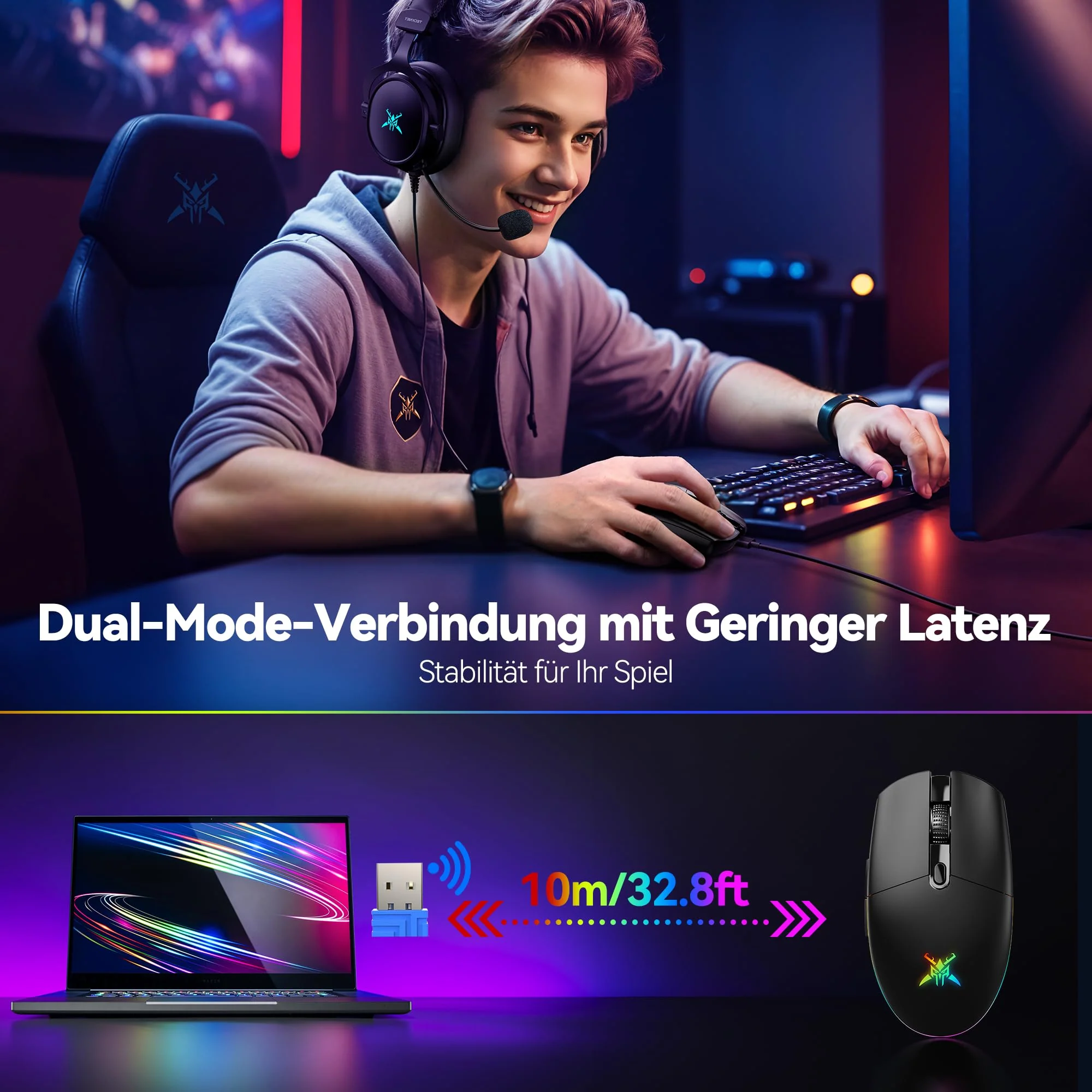 TECKNET Kabellose Gaming-Maus, 8000 DPI Wiederaufladbare Gaming Maus, Dual-Modus 2,4 G und Kabelgebundene Maus, 6 RGB-Modi, PC Gaming Mouse mit Programmierbaren Tasten, für Windows XP/11/10/8/7, etc - Image 3