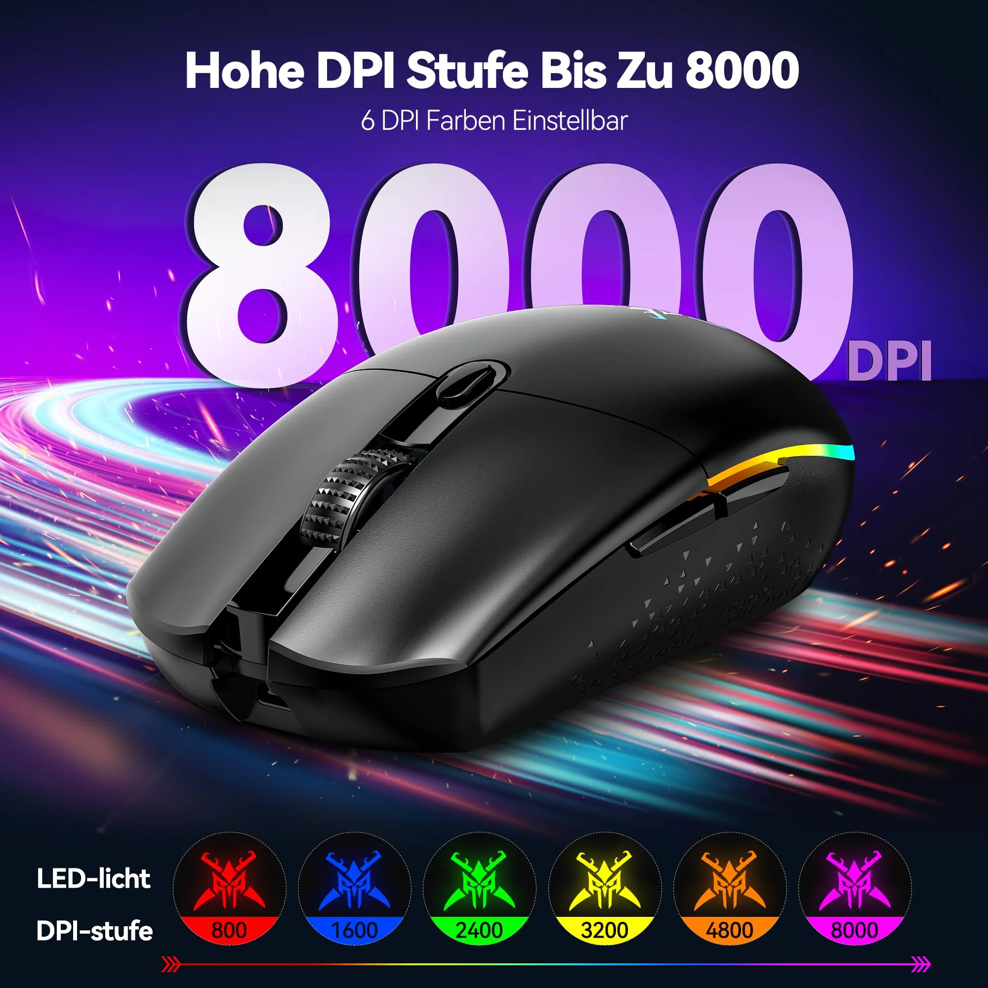 TECKNET Kabellose Gaming-Maus, 8000 DPI Wiederaufladbare Gaming Maus, Dual-Modus 2,4 G und Kabelgebundene Maus, 6 RGB-Modi, PC Gaming Mouse mit Programmierbaren Tasten, für Windows XP/11/10/8/7, etc - Image 6