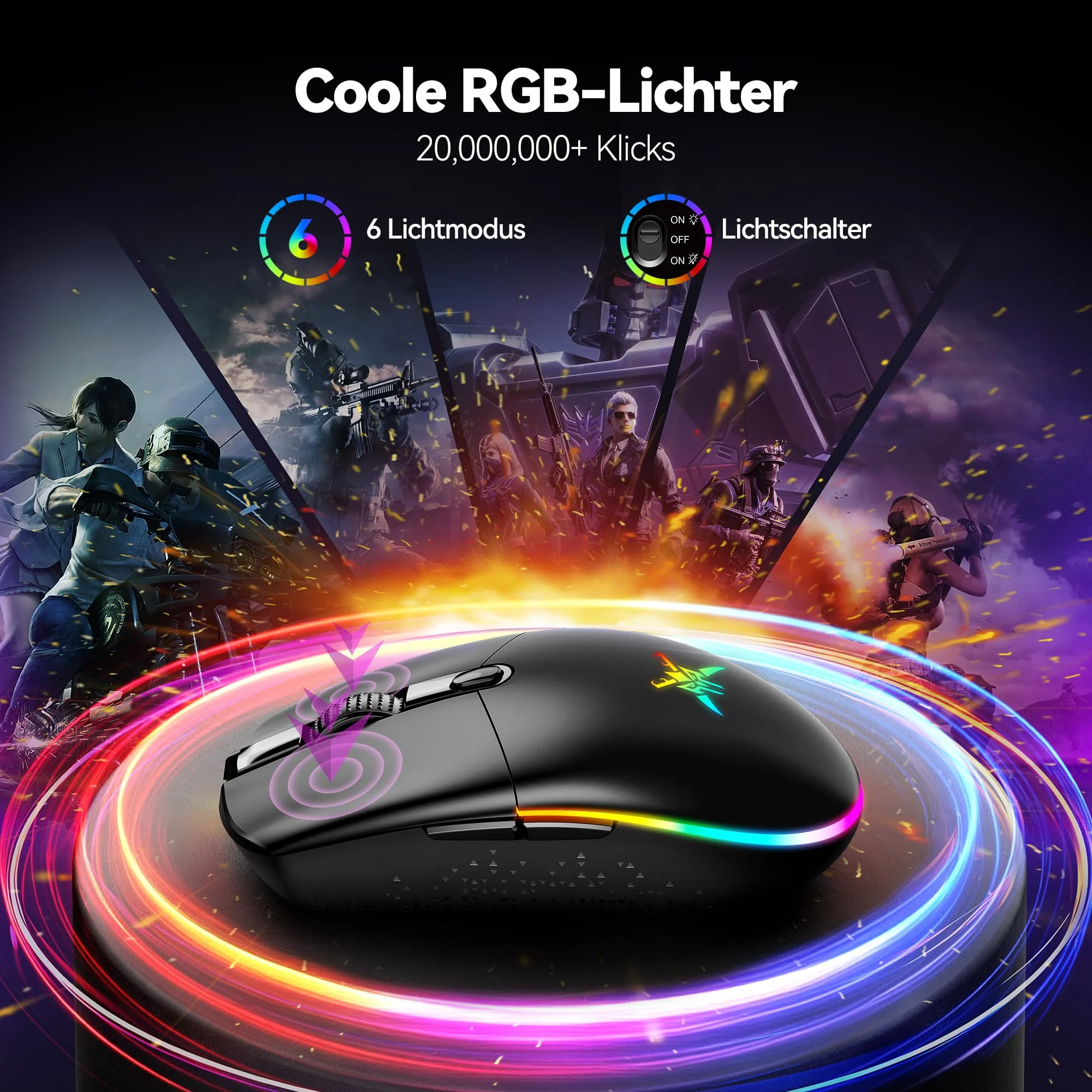 TECKNET Kabellose Gaming-Maus, 8000 DPI Wiederaufladbare Gaming Maus, Dual-Modus 2,4 G und Kabelgebundene Maus, 6 RGB-Modi, PC Gaming Mouse mit Programmierbaren Tasten, für Windows XP/11/10/8/7, etc - Image 7