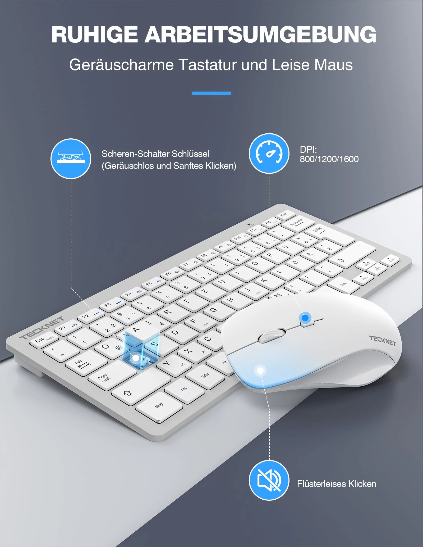 TECKNET Kabelloses Tastatur Maus Set, Deutsch QWERTZ Layout, 2.4 GHz Funk Mini Tastatur Mouse, 15m Reichweite Verbindung, Wireless Leise Funktastatur mit Maus für PC, Laptop, Smart TV, Silber - Image 5