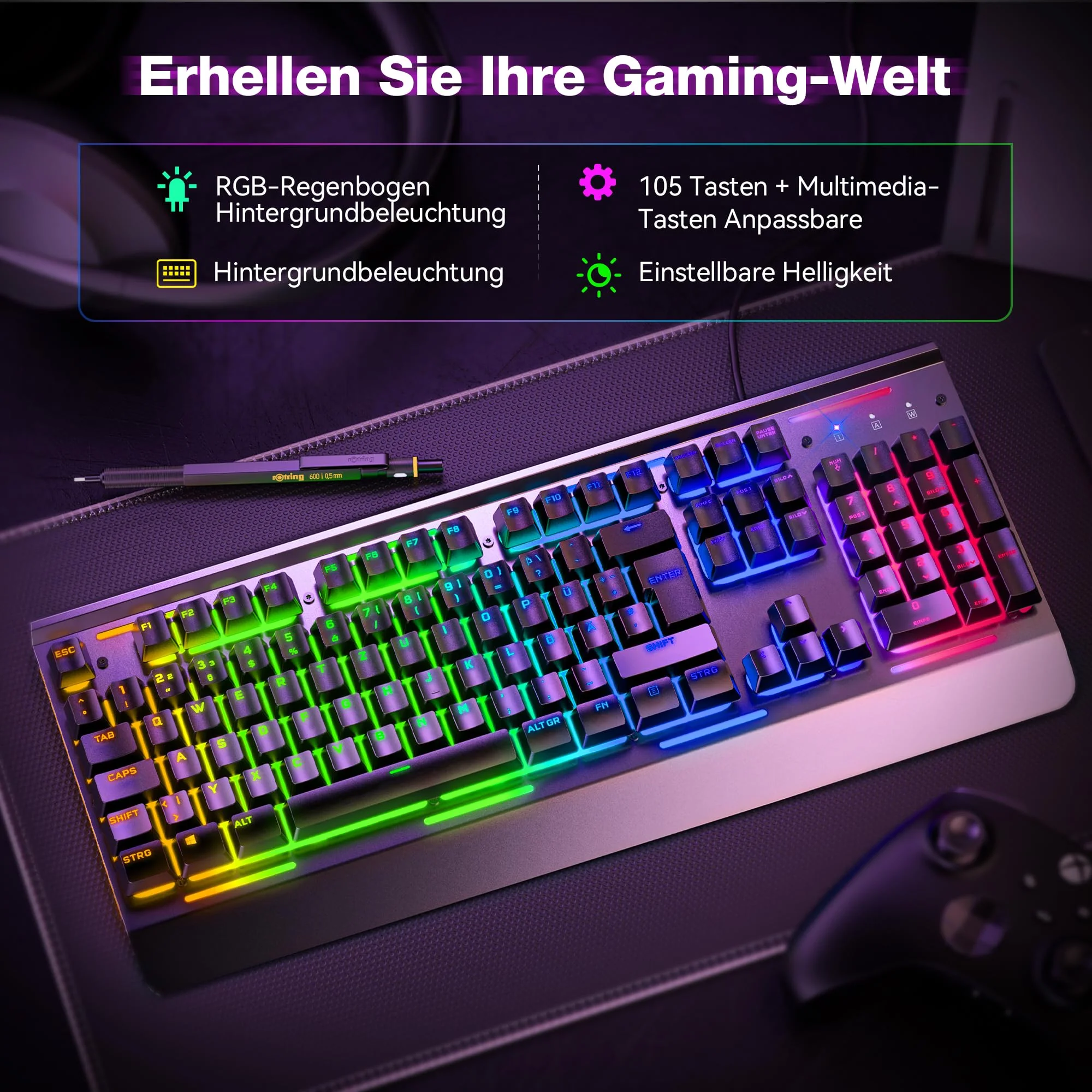 TECKNET RGB Gaming Tastatur für PC, Membran Tastatur mit 105 Tasten, Vollmetall-Pane, Handgelenkauflage,15-Zonen RGB Beleuchtung, 25 Anti-Ghosting-Tasten, Computer Keyboard, Deutsches Layout(QWERTZ) - Image 2