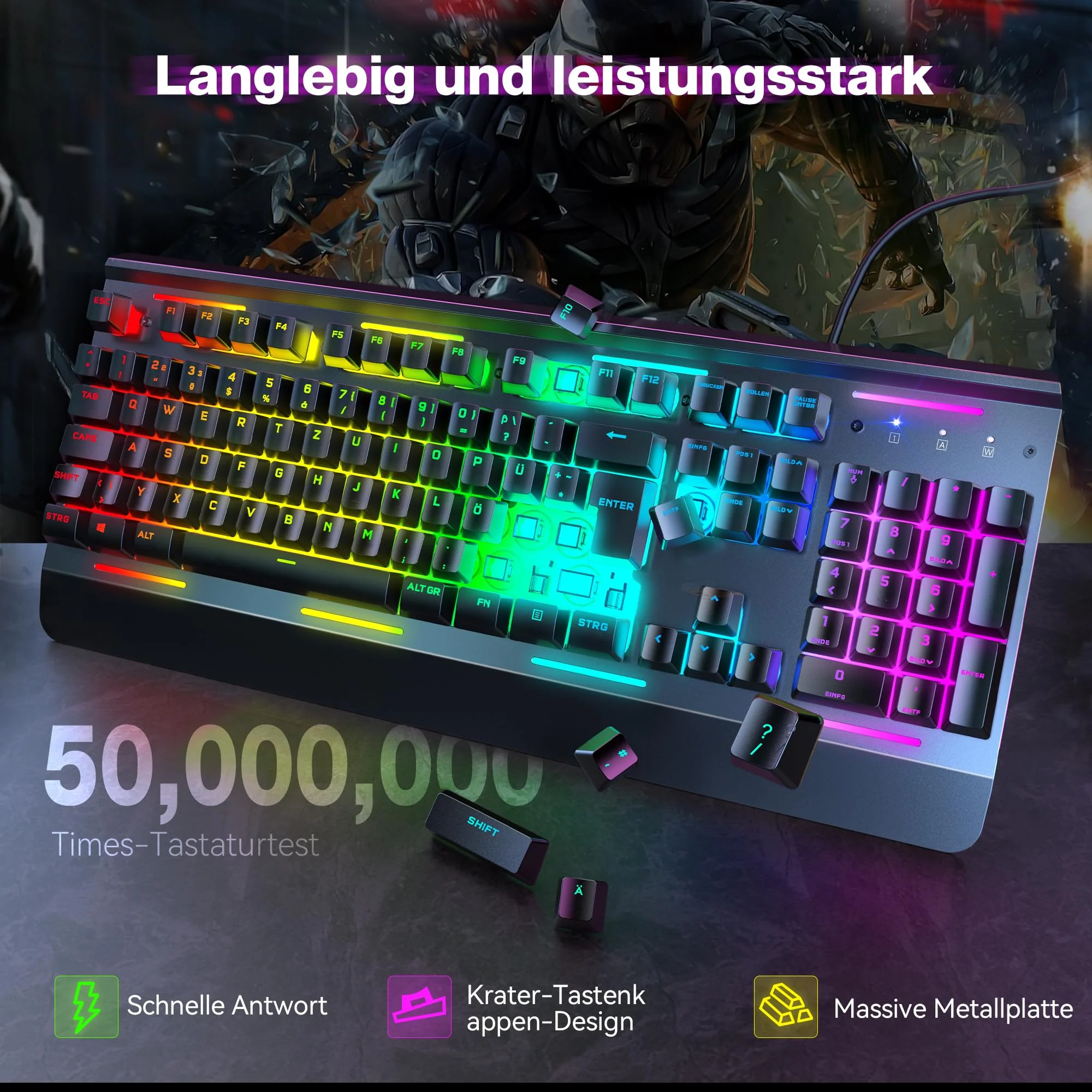 TECKNET RGB Gaming Tastatur für PC, Membran Tastatur mit 105 Tasten, Vollmetall-Pane, Handgelenkauflage,15-Zonen RGB Beleuchtung, 25 Anti-Ghosting-Tasten, Computer Keyboard, Deutsches Layout(QWERTZ) - Image 3