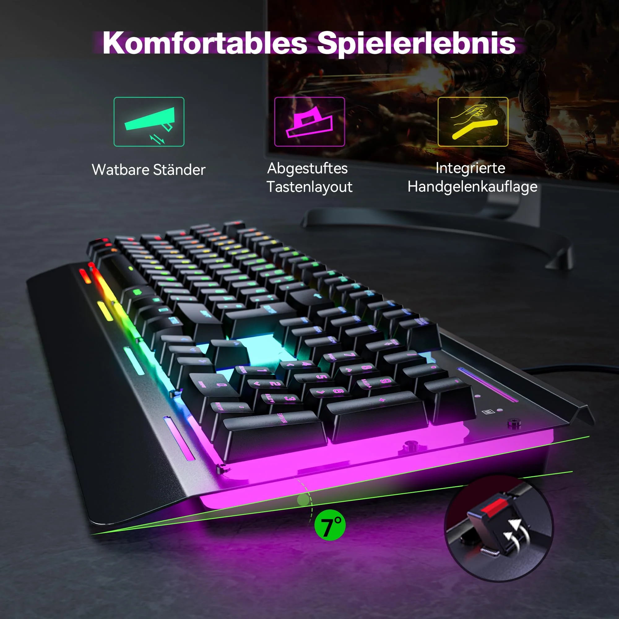 TECKNET RGB Gaming Tastatur für PC, Membran Tastatur mit 105 Tasten, Vollmetall-Pane, Handgelenkauflage,15-Zonen RGB Beleuchtung, 25 Anti-Ghosting-Tasten, Computer Keyboard, Deutsches Layout(QWERTZ) - Image 4