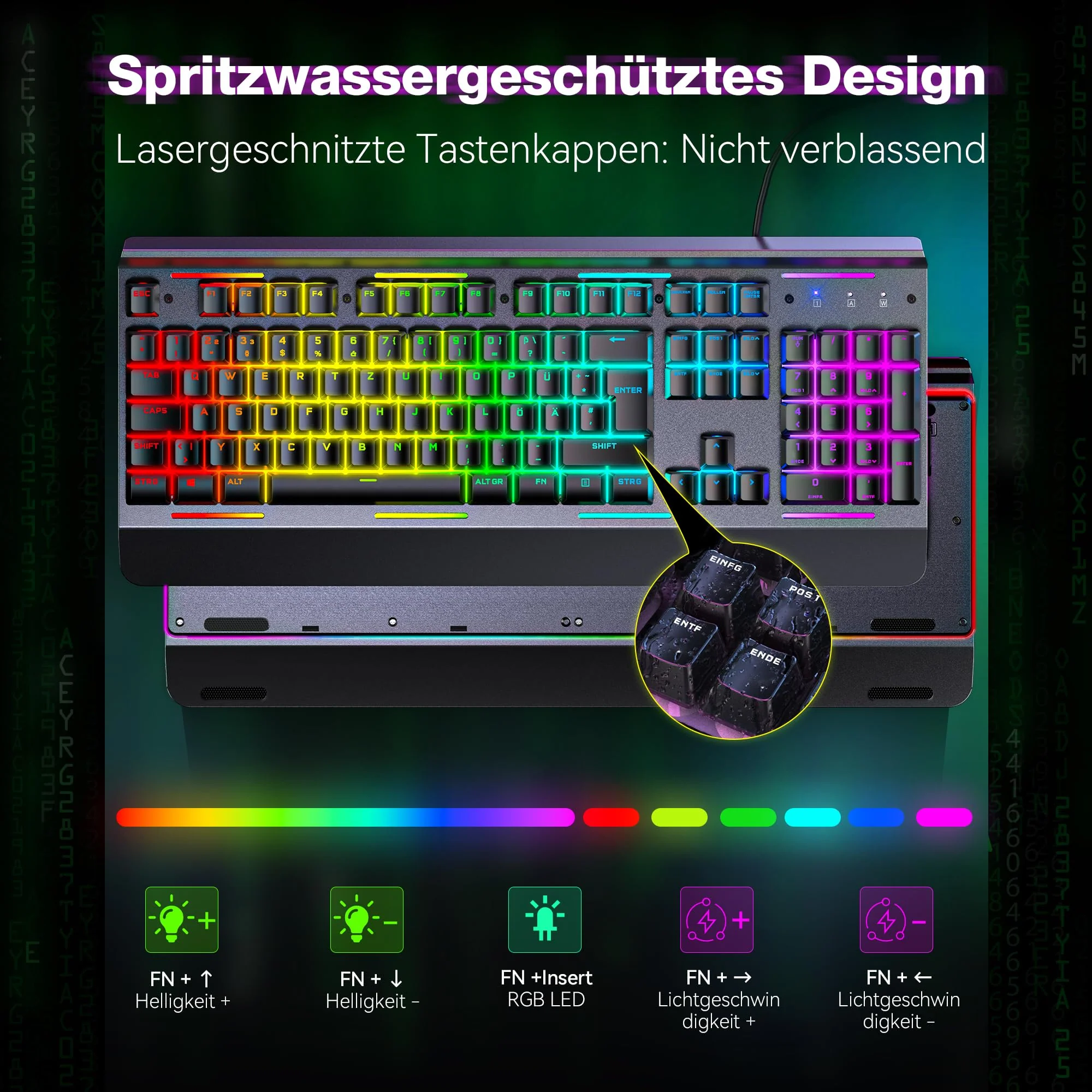 TECKNET RGB Gaming Tastatur für PC, Membran Tastatur mit 105 Tasten, Vollmetall-Pane, Handgelenkauflage,15-Zonen RGB Beleuchtung, 25 Anti-Ghosting-Tasten, Computer Keyboard, Deutsches Layout(QWERTZ) - Image 5