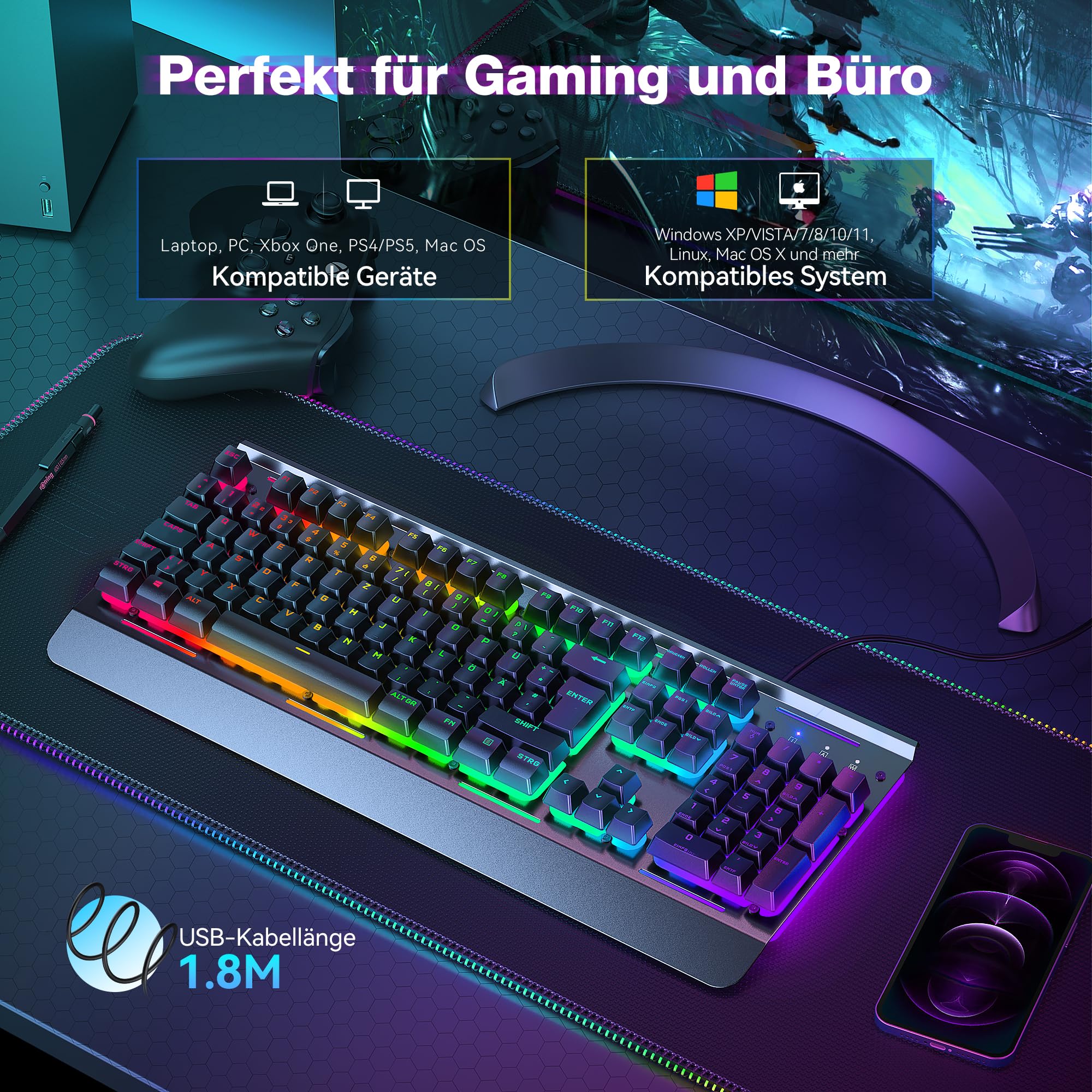TECKNET RGB Gaming Tastatur für PC, Membran Tastatur mit 105 Tasten, Vollmetall-Pane, Handgelenkauflage,15-Zonen RGB Beleuchtung, 25 Anti-Ghosting-Tasten, Computer Keyboard, Deutsches Layout(QWERTZ) - Image 6
