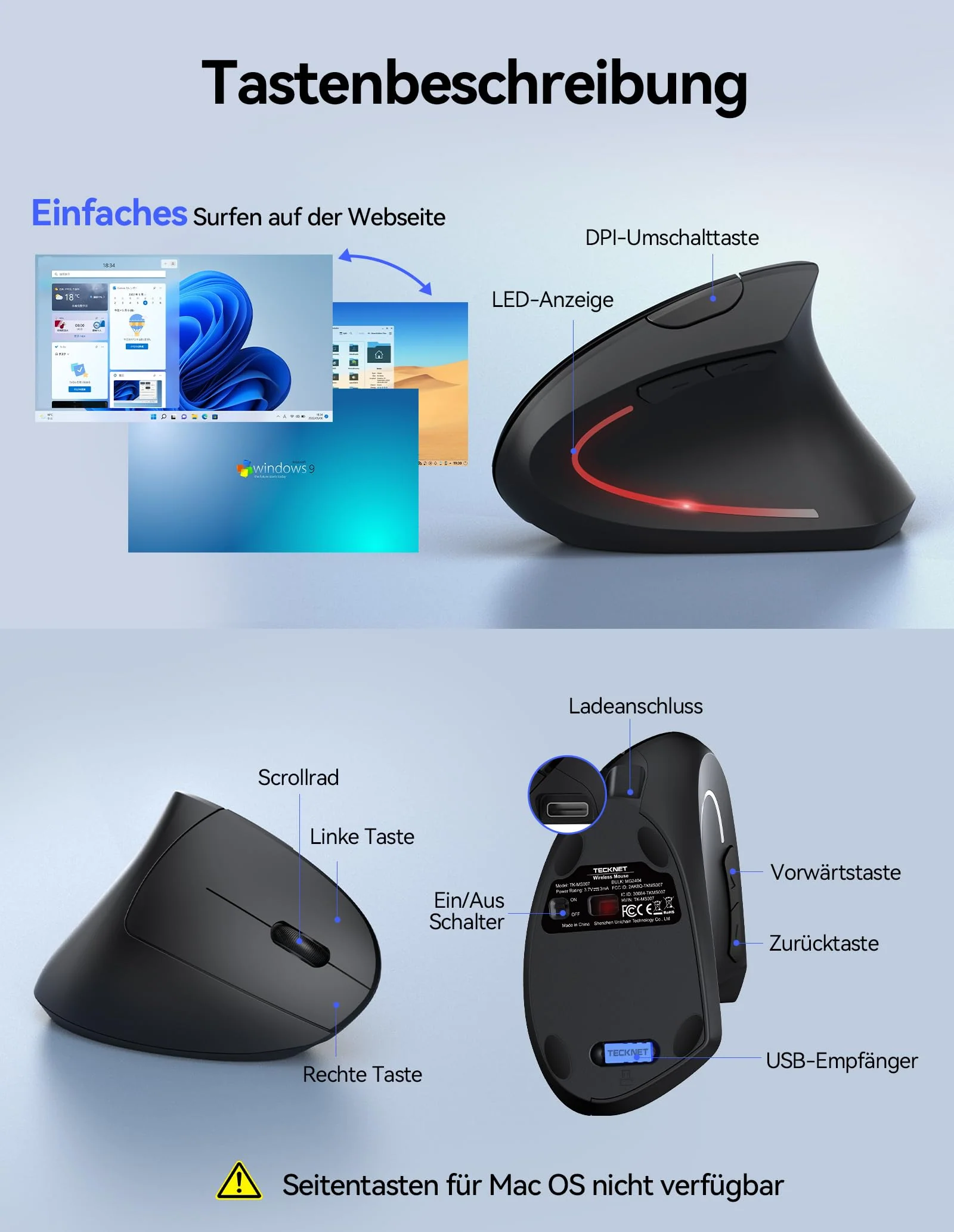 TECKNET Wiederaufladbar Ergonomische Maus Kabellos, 2.4G Optische Vertikale Maus Ergonomisch, 5 Einstellstufen bis 4800DPI, Leise Wireless Vertical Mouse mit 6 Tasten für Laptop, PC, Windows, Mac OS - Image 8