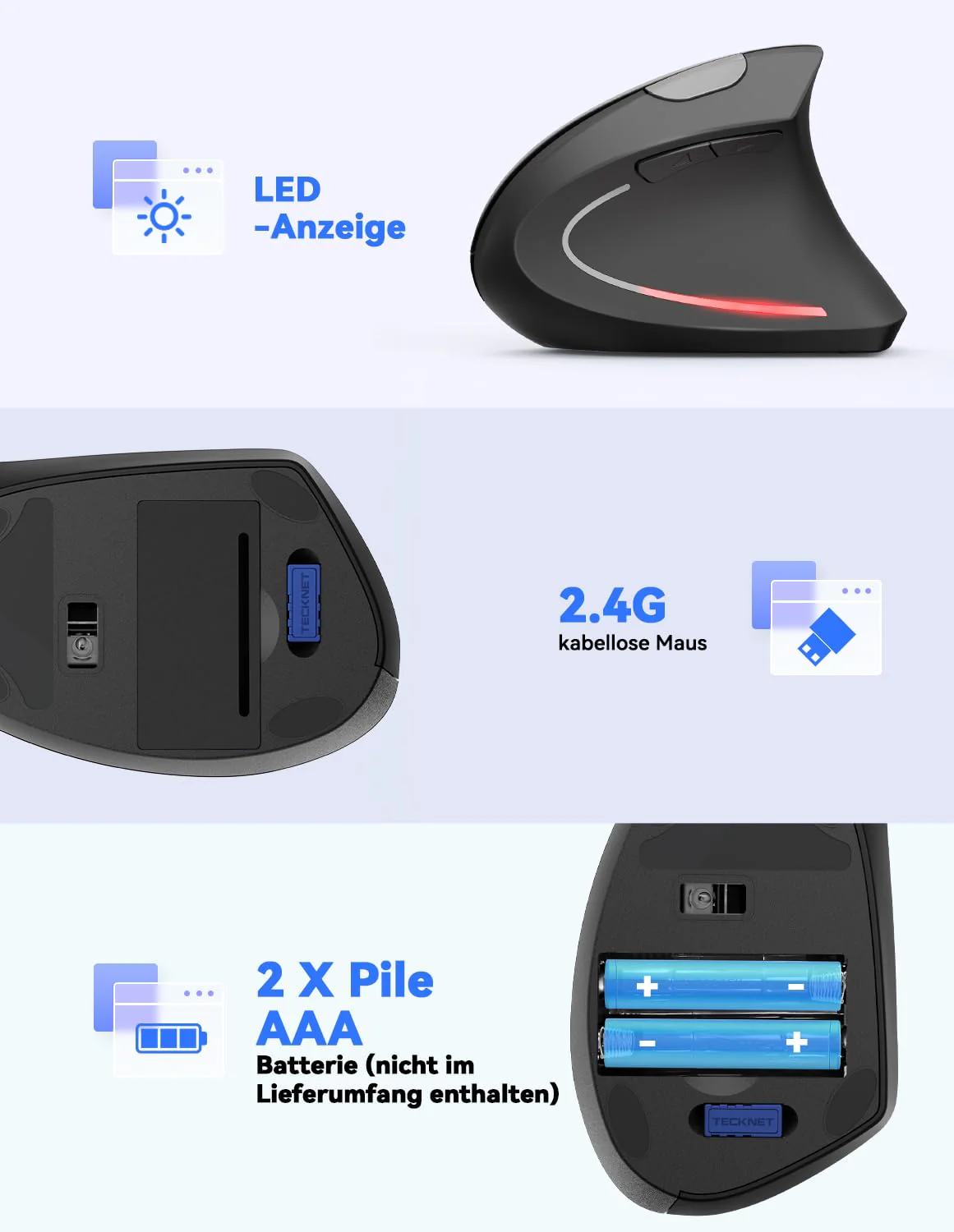 TECKNET Wireless Vertikale Ergonomische Maus, 4800 DPI 5 Tasten Kabellose Optische Maus, 2.4G USB Vertical Ergonomic Optical Mouse Kabellos für Windows und Mac OS