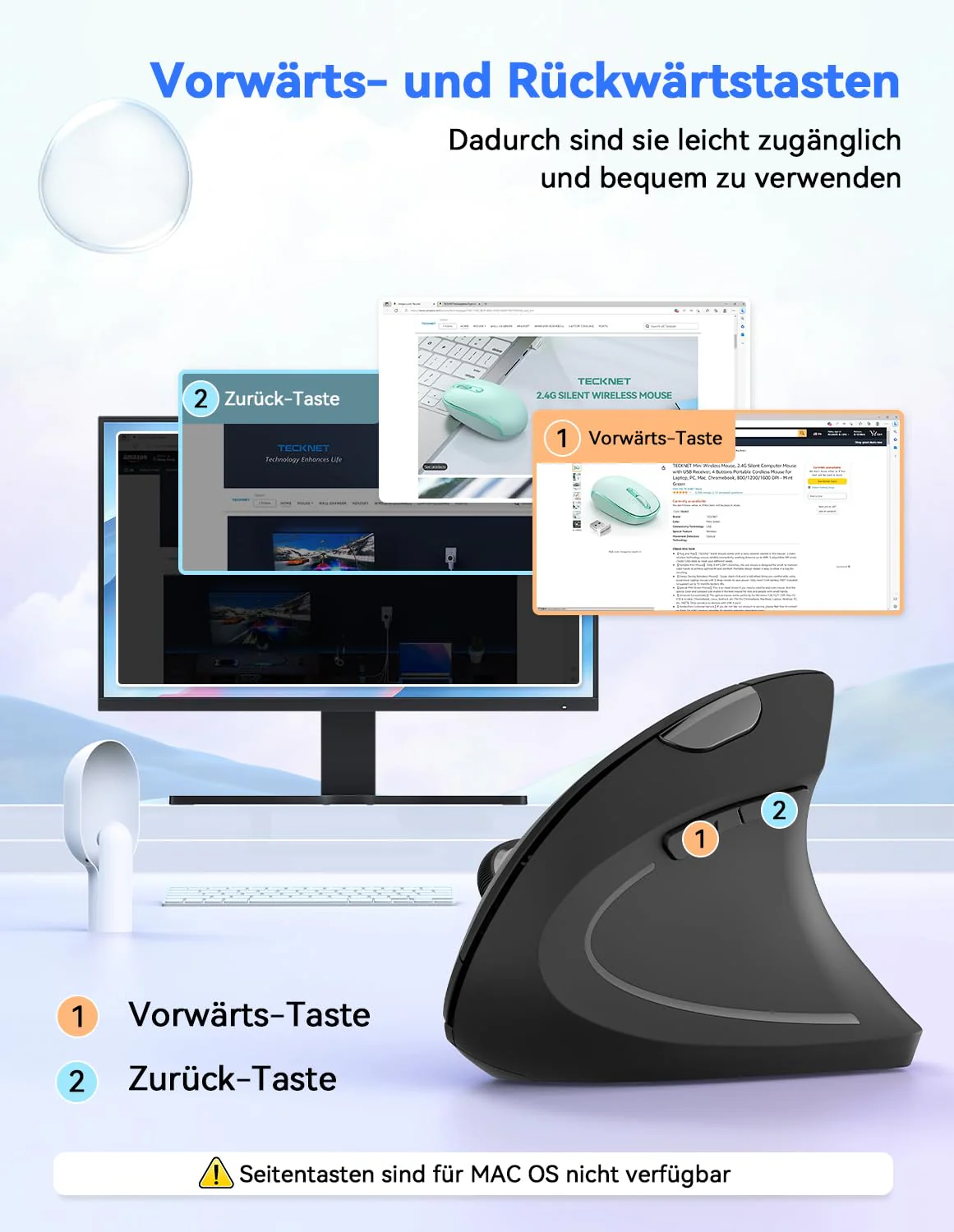 TECKNET Wireless Vertikale Ergonomische Maus, 4800 DPI 5 Tasten Kabellose Optische Maus, 2.4G USB Vertical Ergonomic Optical Mouse Kabellos für Windows und Mac OS - Image 4