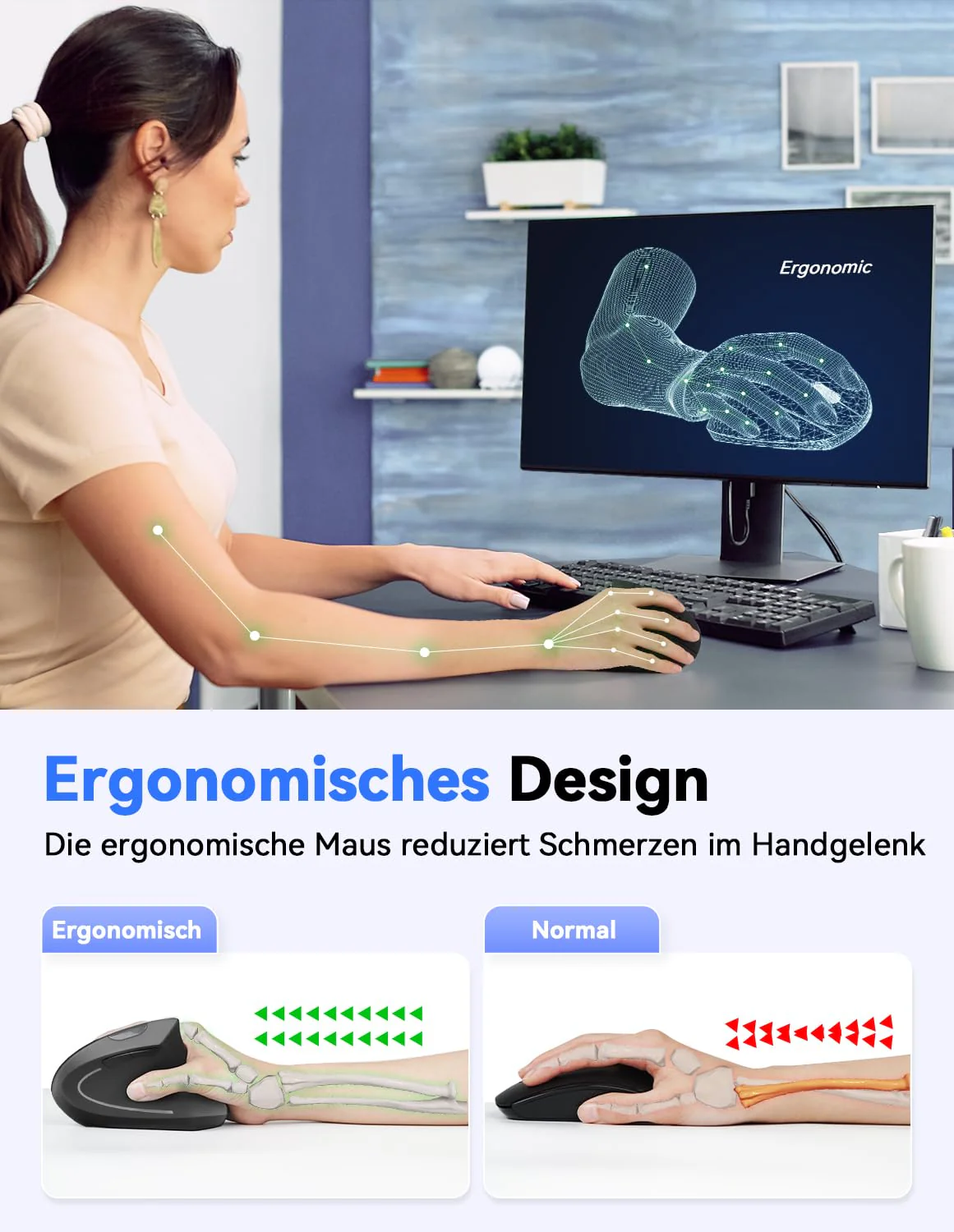TECKNET Wireless Vertikale Ergonomische Maus, 4800 DPI 5 Tasten Kabellose Optische Maus, 2.4G USB Vertical Ergonomic Optical Mouse Kabellos für Windows und Mac OS - Image 5
