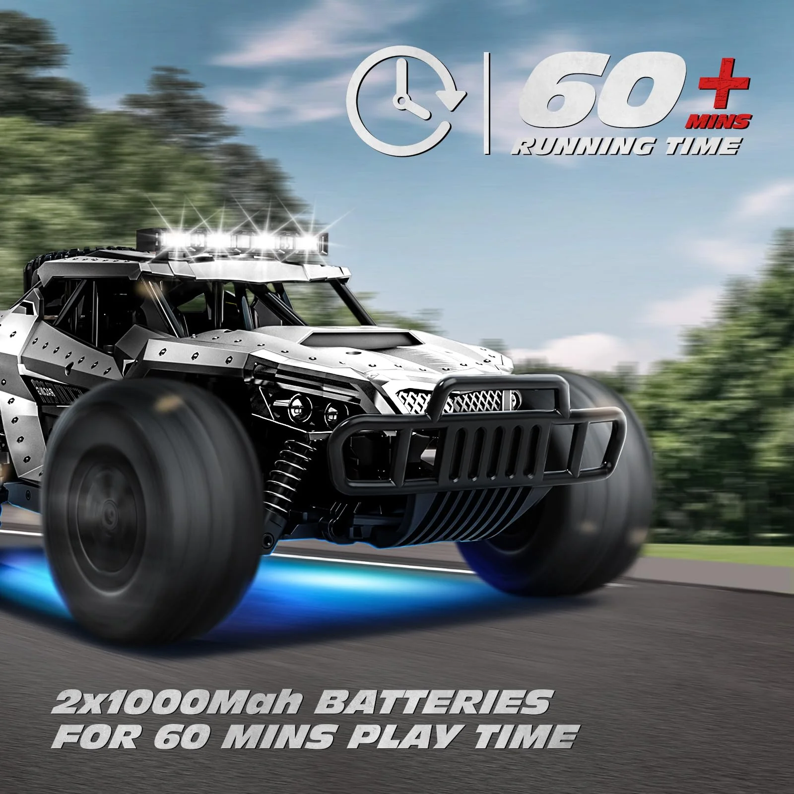 Tecnock Ferngesteuertes Auto 1:16 mit Scheinwerfer und Fahrgestellbeleuchtung, All Terrain Off Road RC Monstertruck 2,4GHz Spielzeug, 2 Akku für 60 Min. Laufzeit - Geschenk für Erwachsene Kinder - Image 4